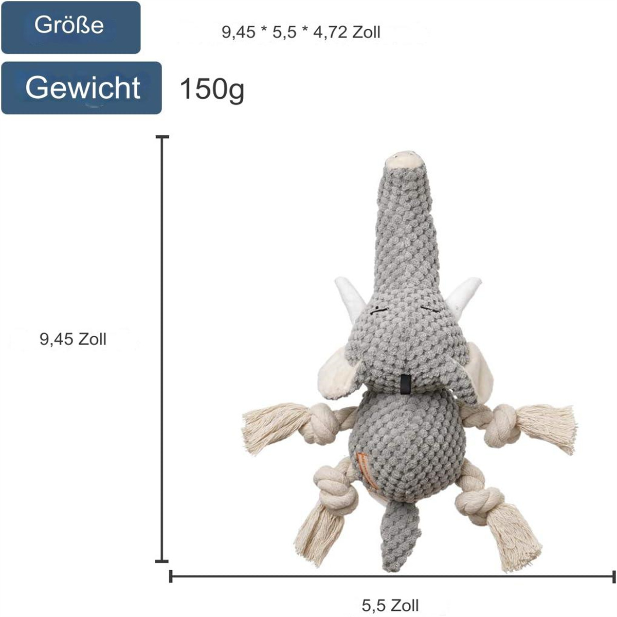 Graues Elefantenspielzeug mit geknoteten Seilen, Abmessungen und Gewicht.