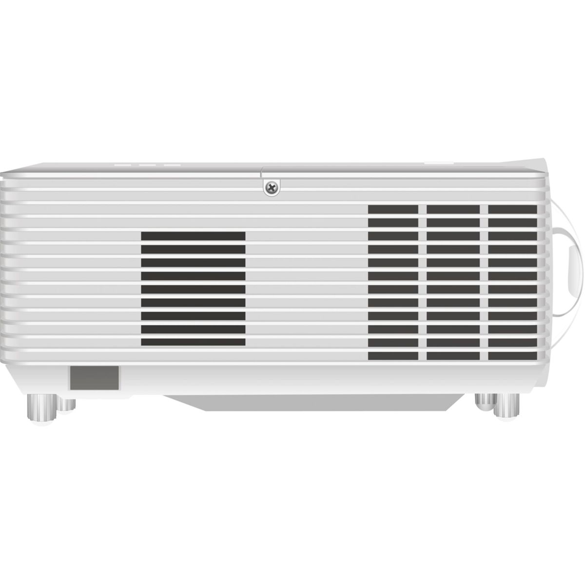 Biały projektor z otworami wentylacyjnymi, widok z boku, na białym tle.