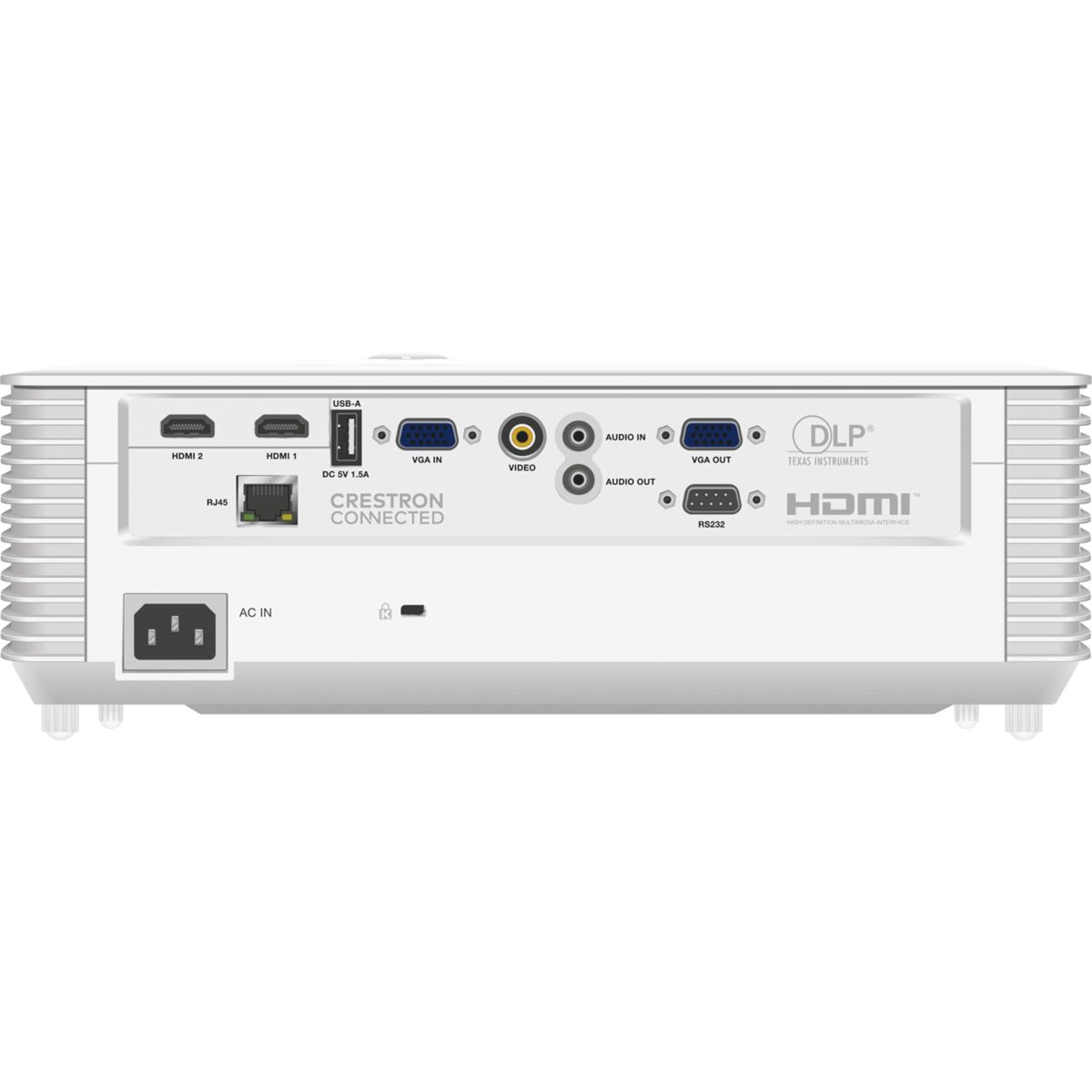 Widok z tyłu projektora z różnymi portami i połączeniami na białej powierzchni.