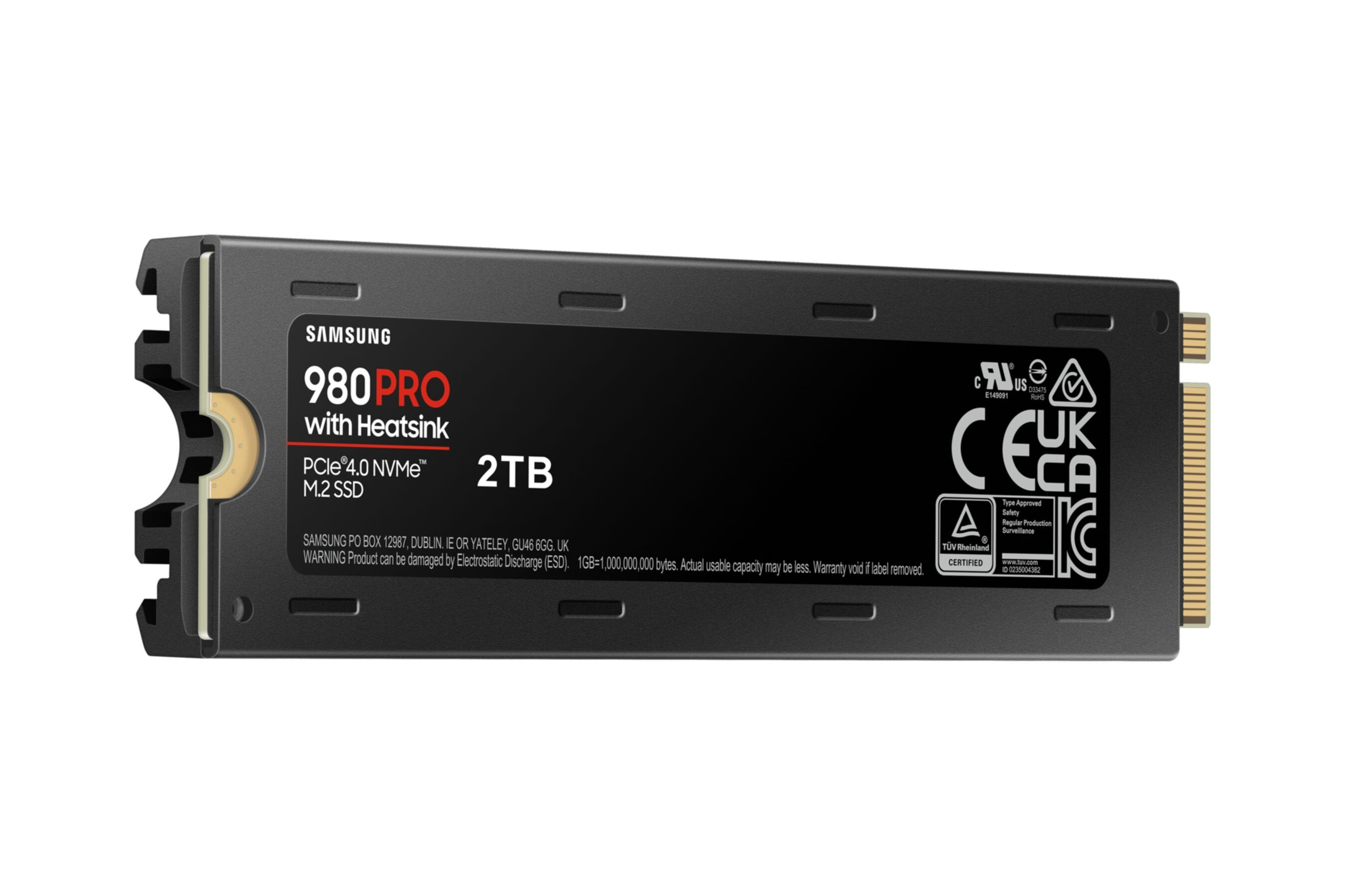 Czarny dysk SSD NVMe Samsung 980 Pro z radiatorem. Etykieta głosi 2TB, z certyfikatami i specyfikacjami.