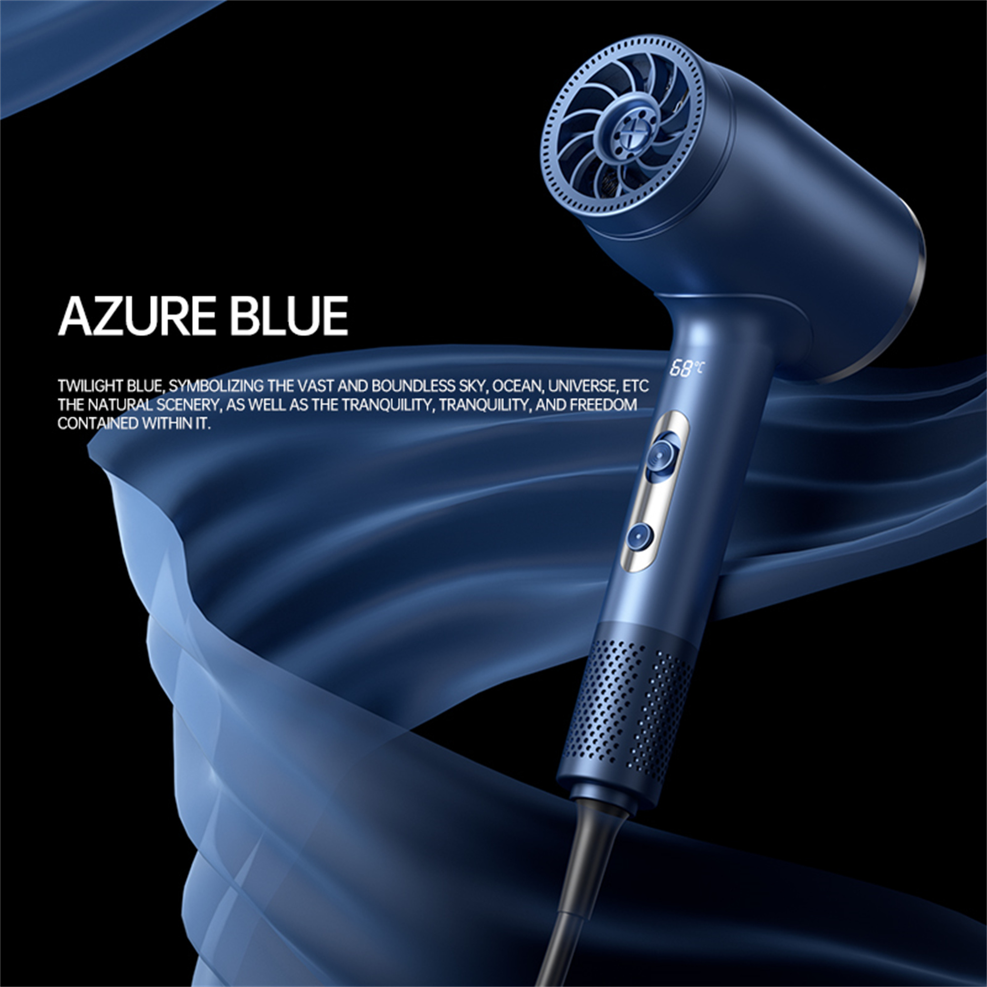 Blauer Haartrockner mit Text 'AZURBLAU' und Details zum Produkt.