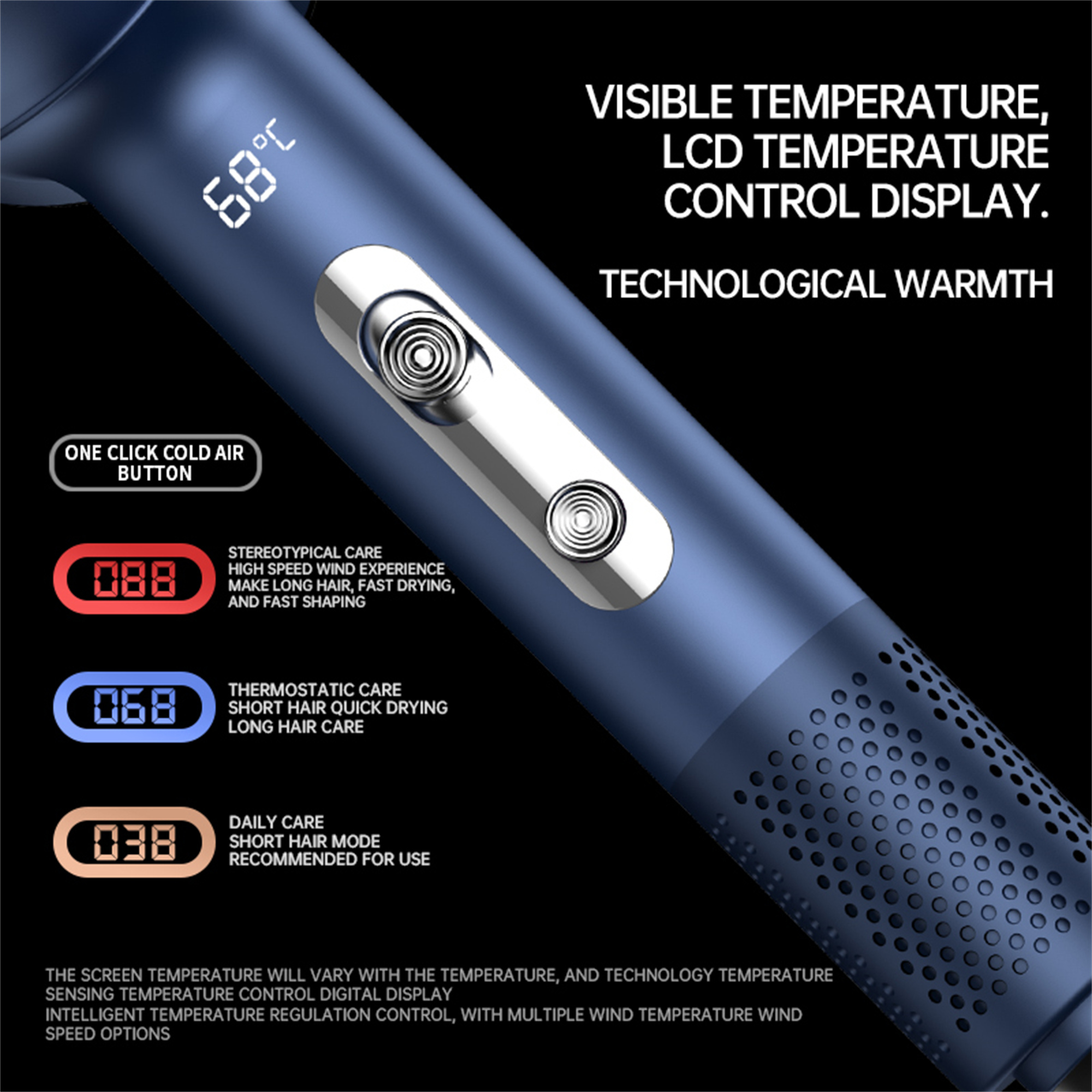 Ein blau-weißer Haartrockner mit digitaler Anzeige, die die Temperatur anzeigt.
