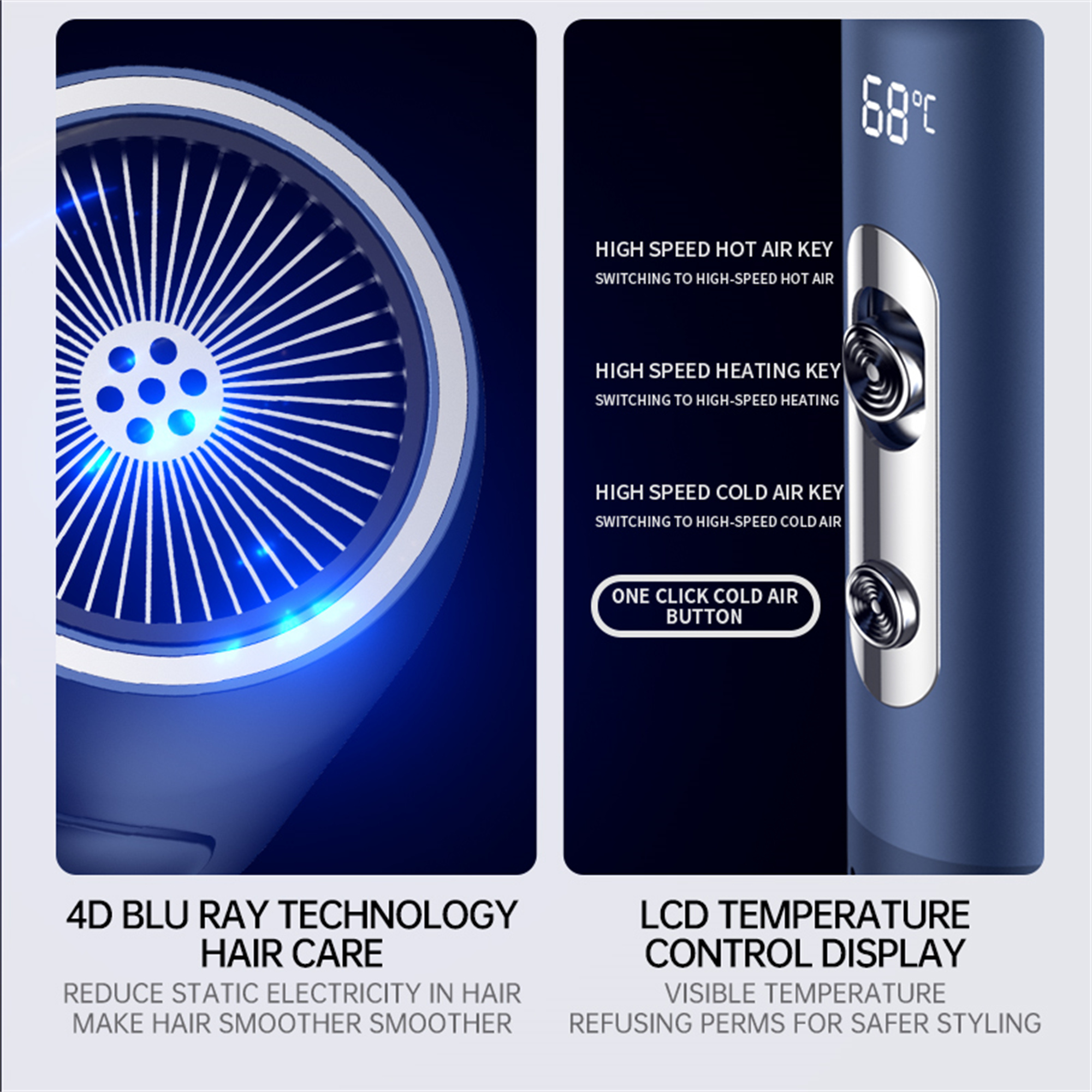 Haarstyling-Tool mit Display, Knöpfen und Text.