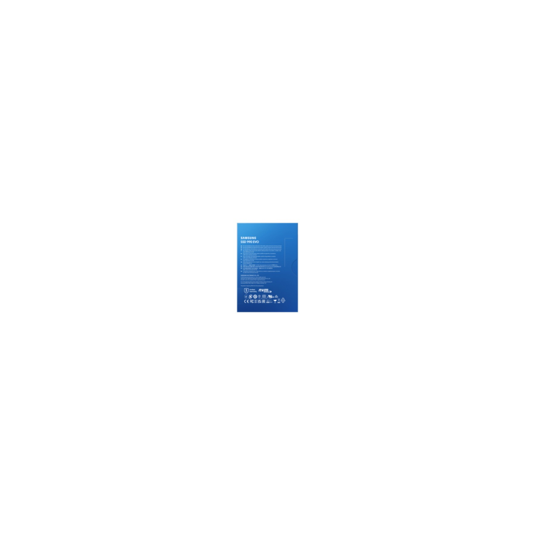 Pequeña caja azul con el logotipo y el texto de Samsung. Aislado sobre un fondo blanco.