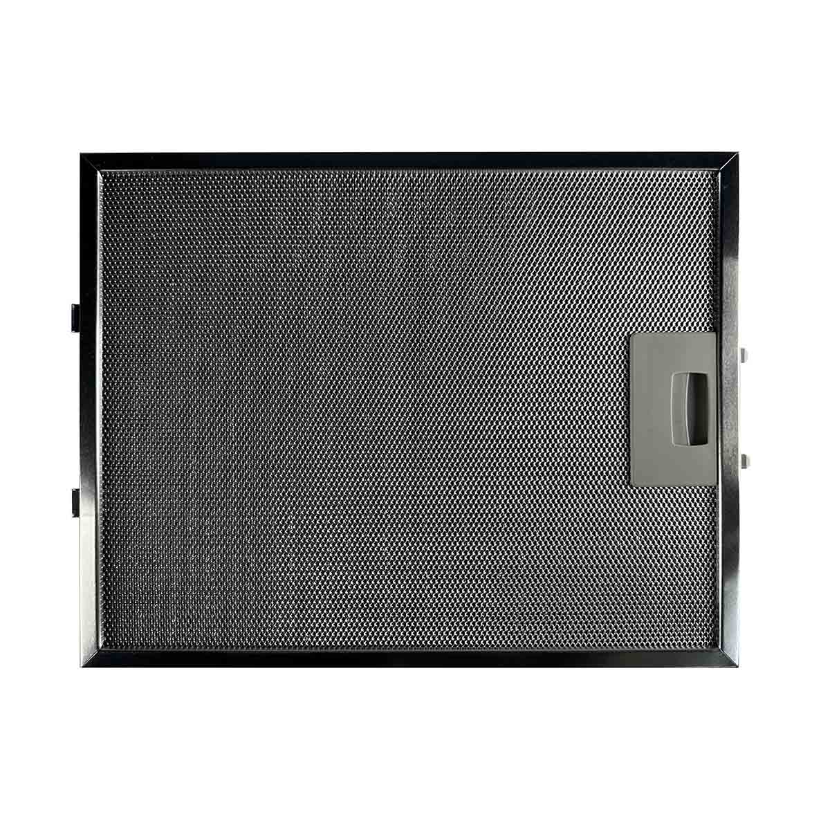 Ein rechteckiger Metallluftfilter. Er hat ein schwarzes Netz und einen grauen Griff.