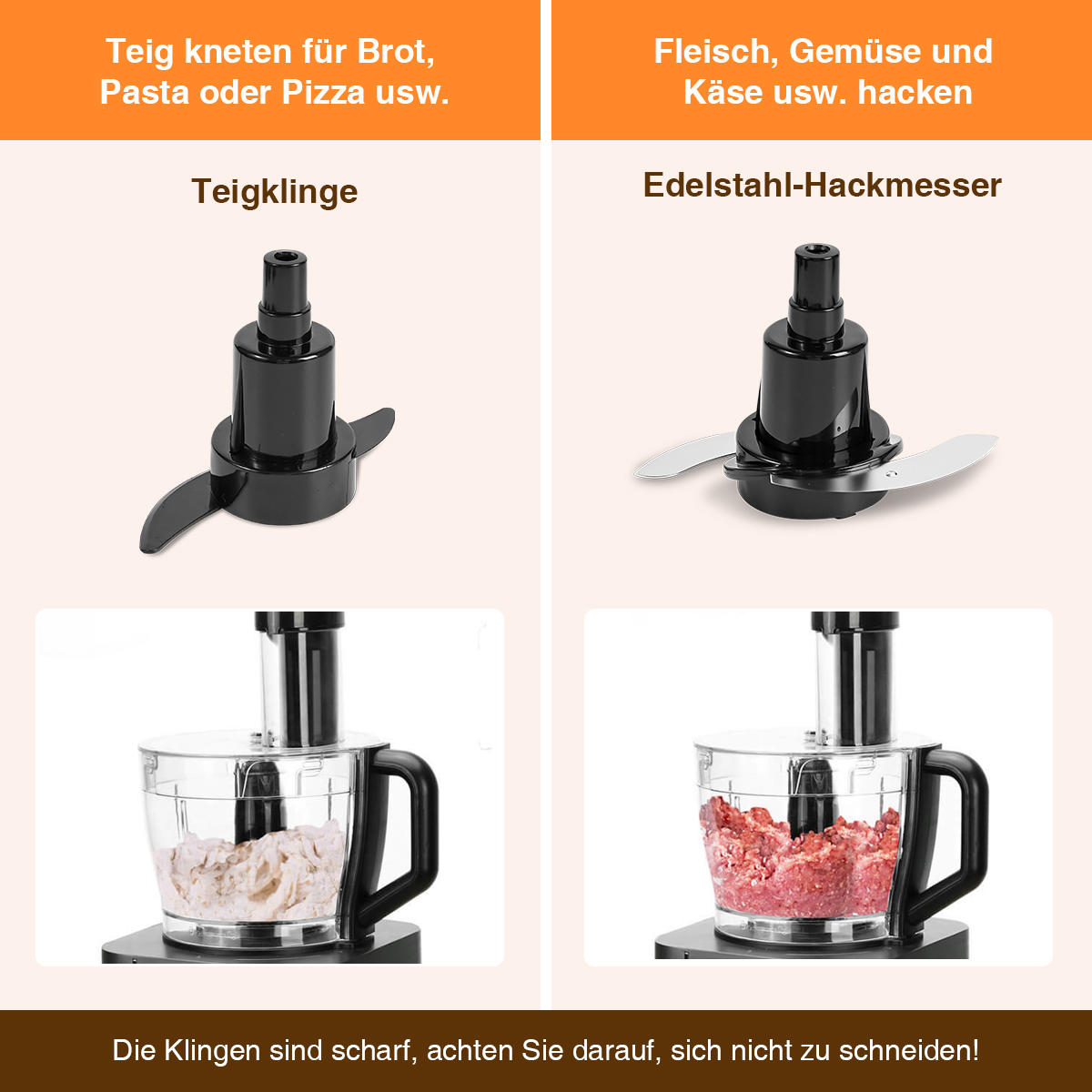 Zwei Küchenmaschinen mit Klingen, eine für Teig, die andere für Fleisch und Gemüse. Schüsseln enthalten Zutaten.