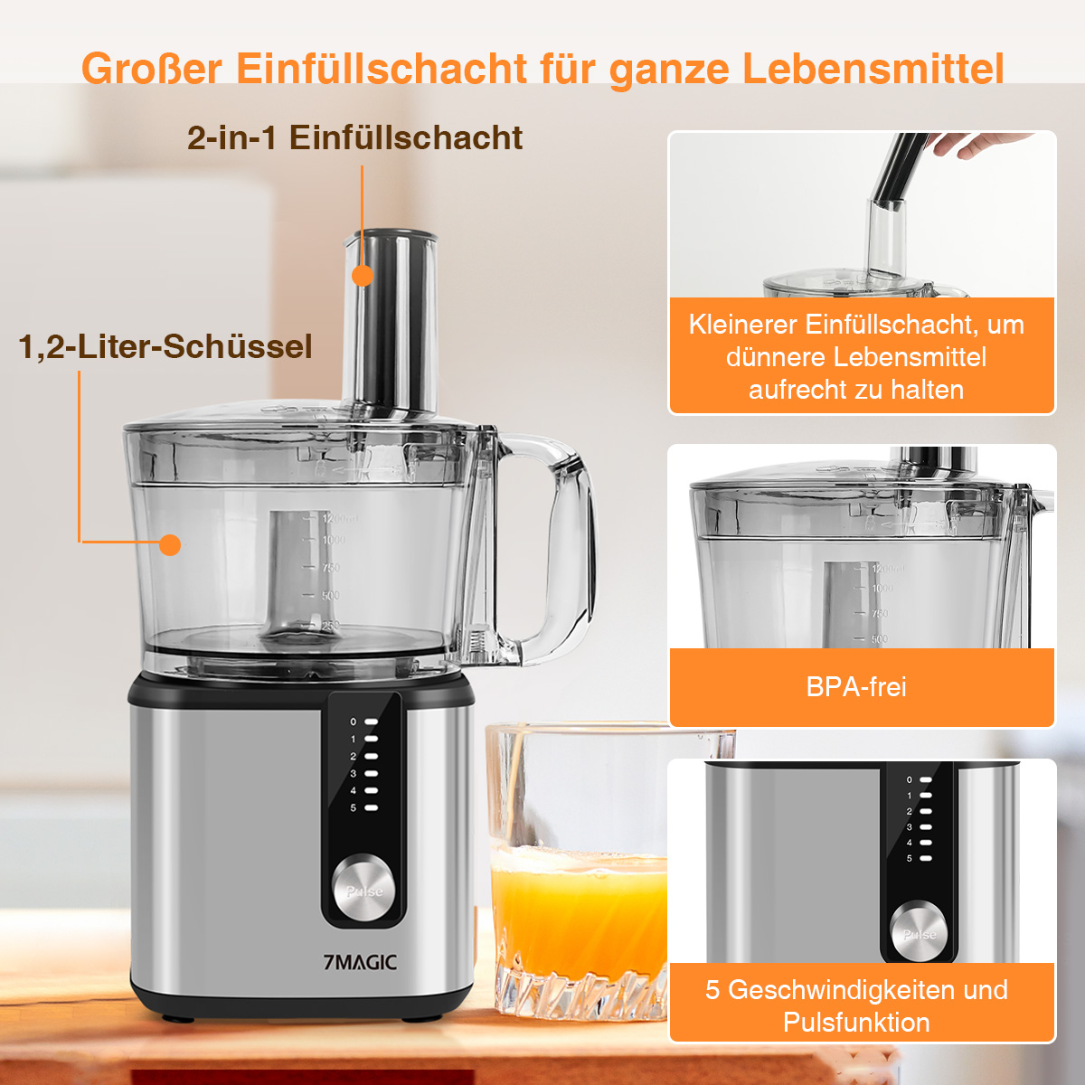 Küchenmaschine mit großer Öffnung, 1,2-Liter-Schüssel und 5 Geschwindigkeitsstufen. Zeigt ein Glas Saft.