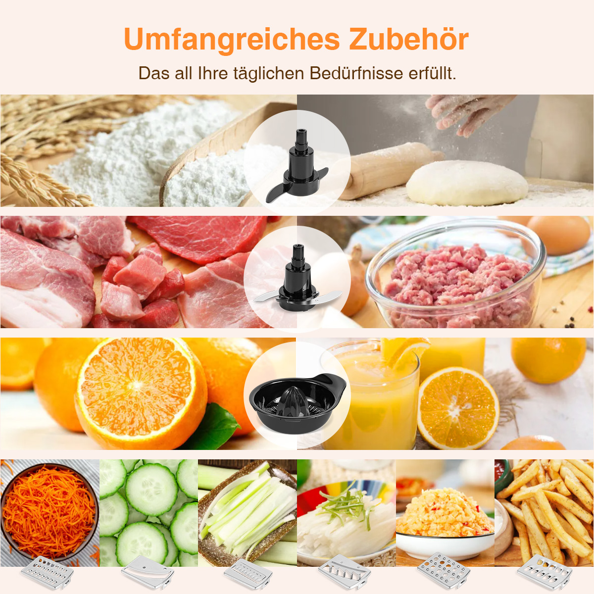Eine Collage von Werkzeugen und Zutaten zur Speisenzubereitung, darunter Mehl, Fleisch, Orangen und verschiedenes Gemüse.