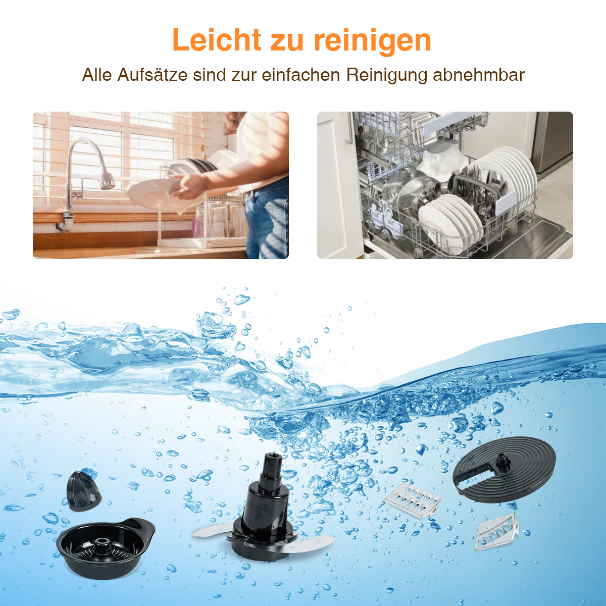 Bilder, die die Reinigung eines Foodprozessors mit Wasser und Teilen zeigen.