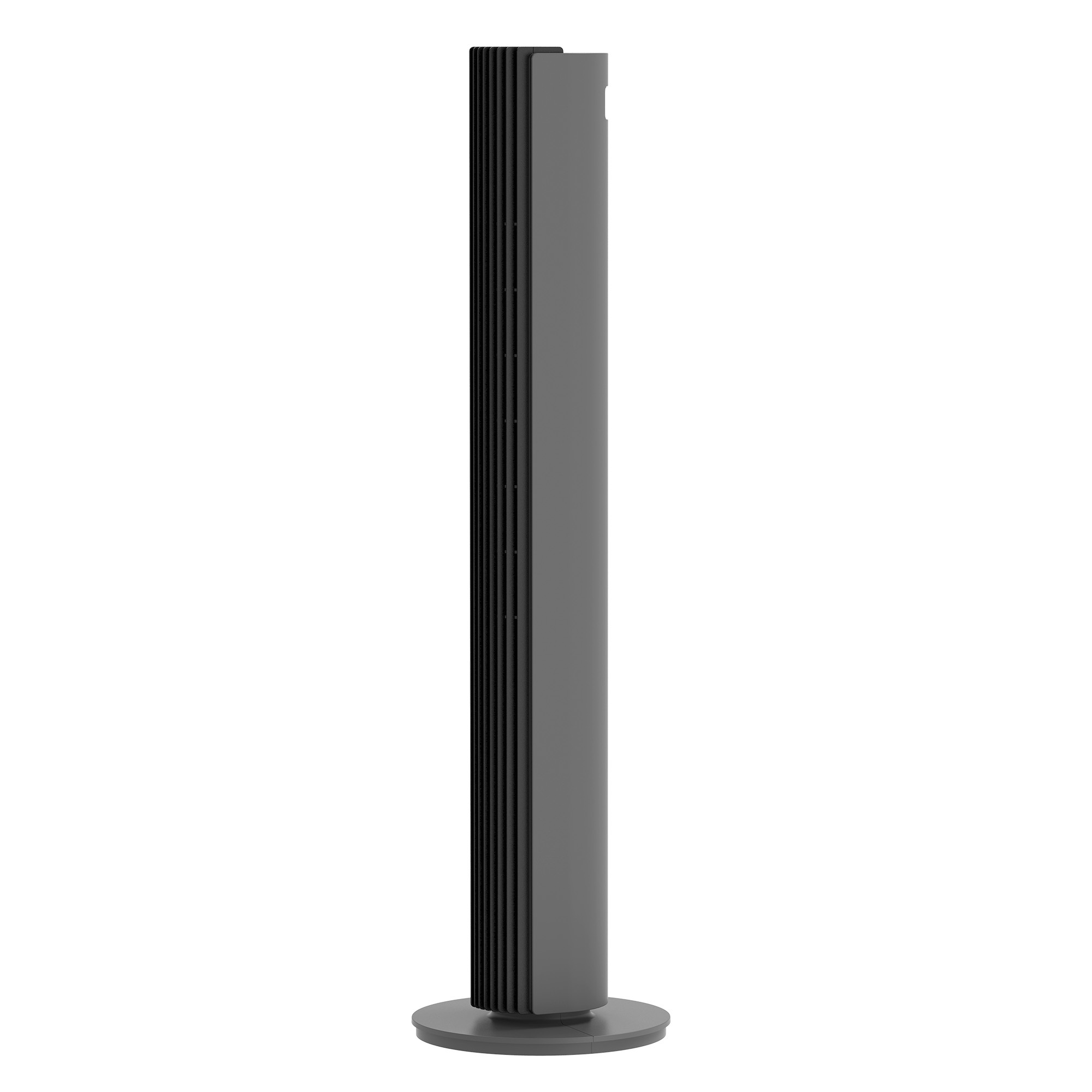 Purificateur d'air grand, gris et noir sur fond blanc.