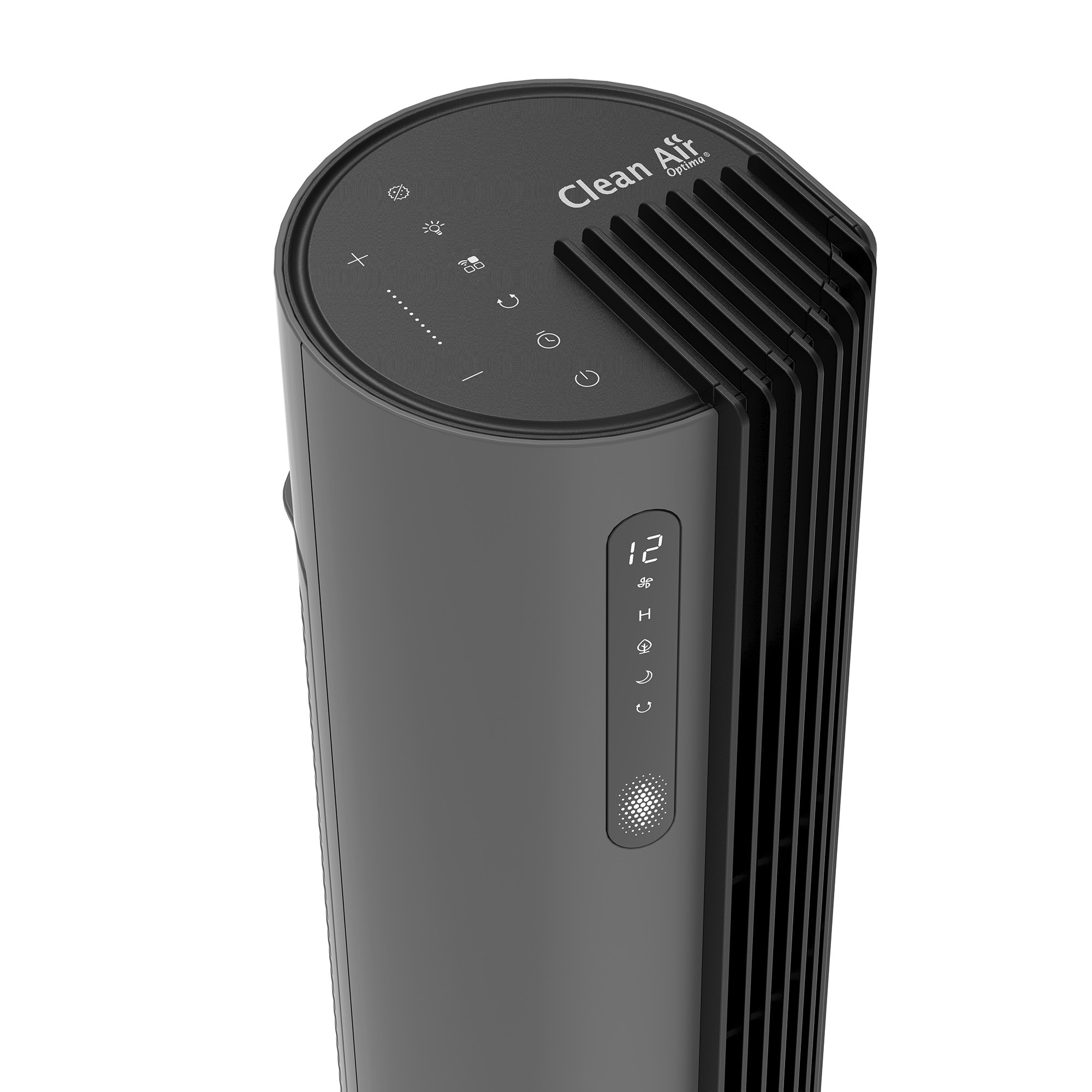Purificateur d'air noir, vue de dessus avec commandes. Un écran affiche le chiffre 12 et d'autres indicateurs.