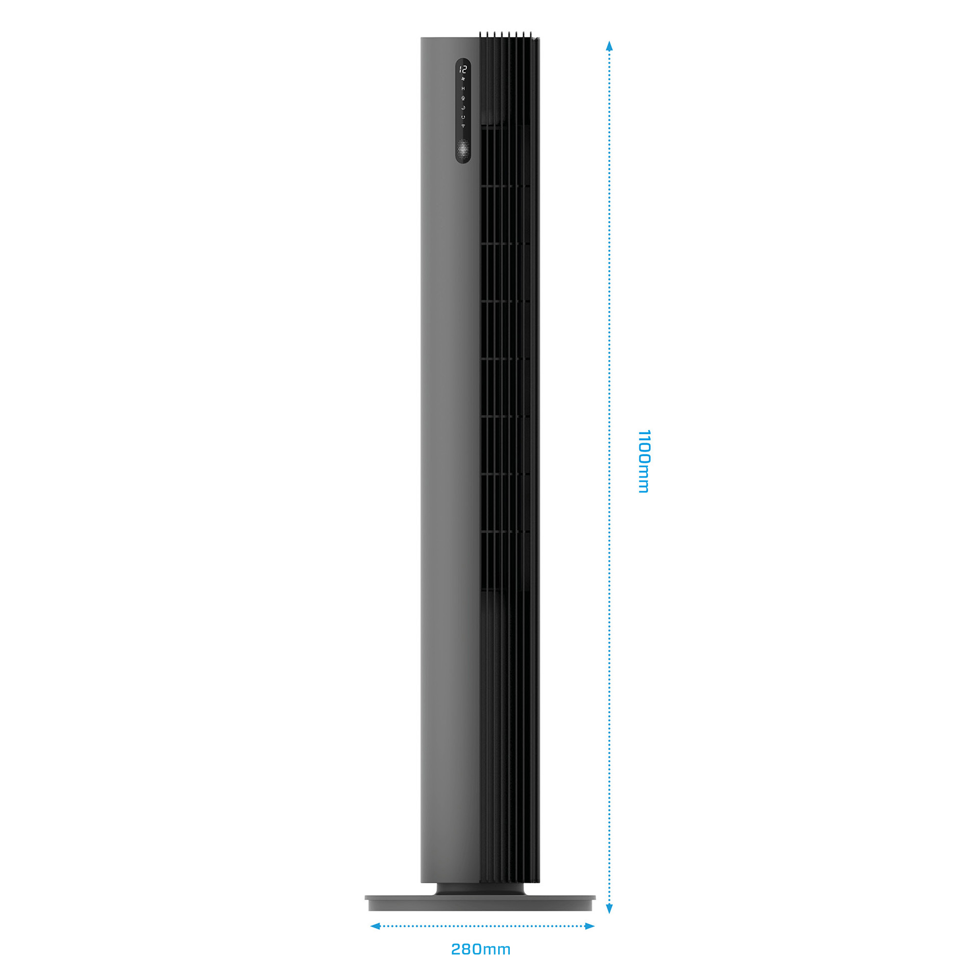 Grand ventilateur gris avec base noire, mesurant 1100 mm de haut et 280 mm de large.