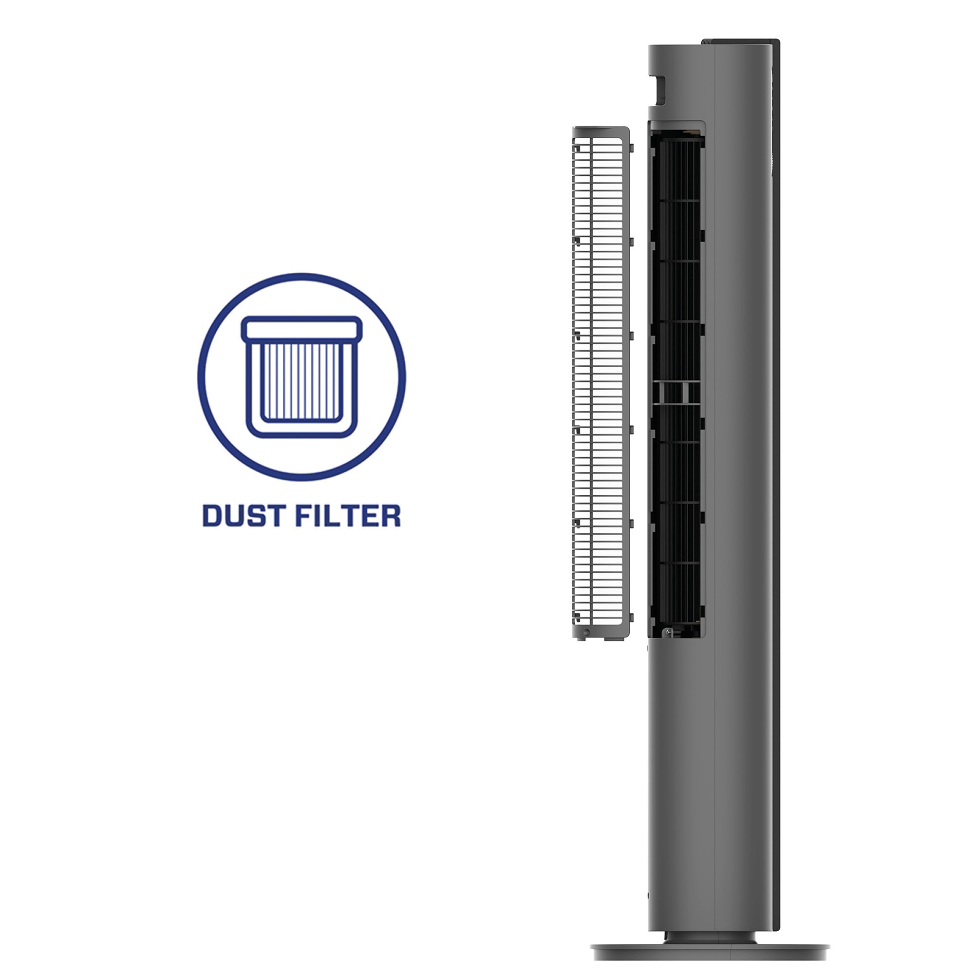 Un ventilateur tour gris avec un filtre à poussière est présenté sur fond blanc. Un cercle bleu avec l'icône du filtre est à gauche.