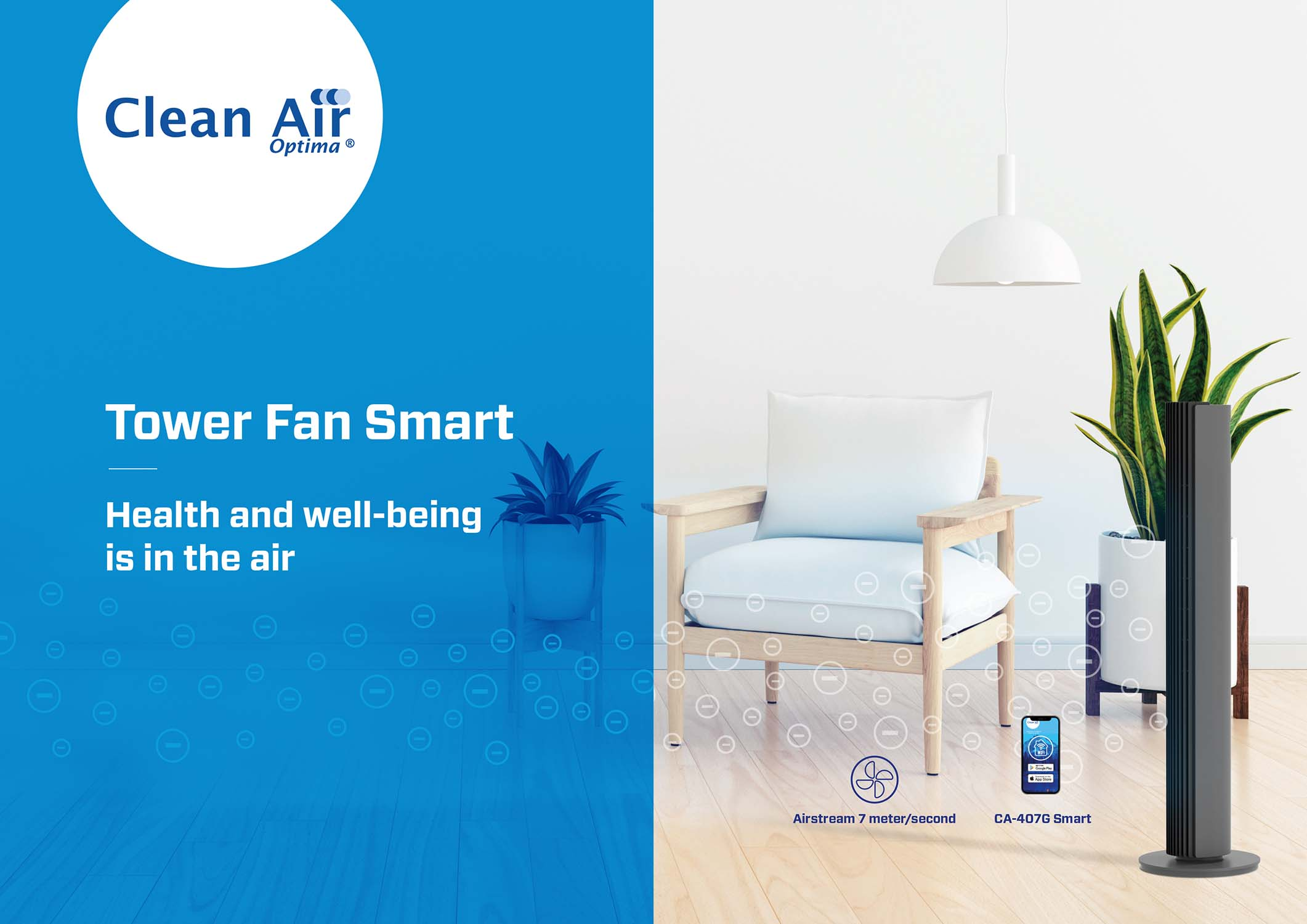 Ventilateur colonne avec texte faisant la promotion de la santé. Une chaise et des plantes sont en arrière-plan. Smartphone affiché.