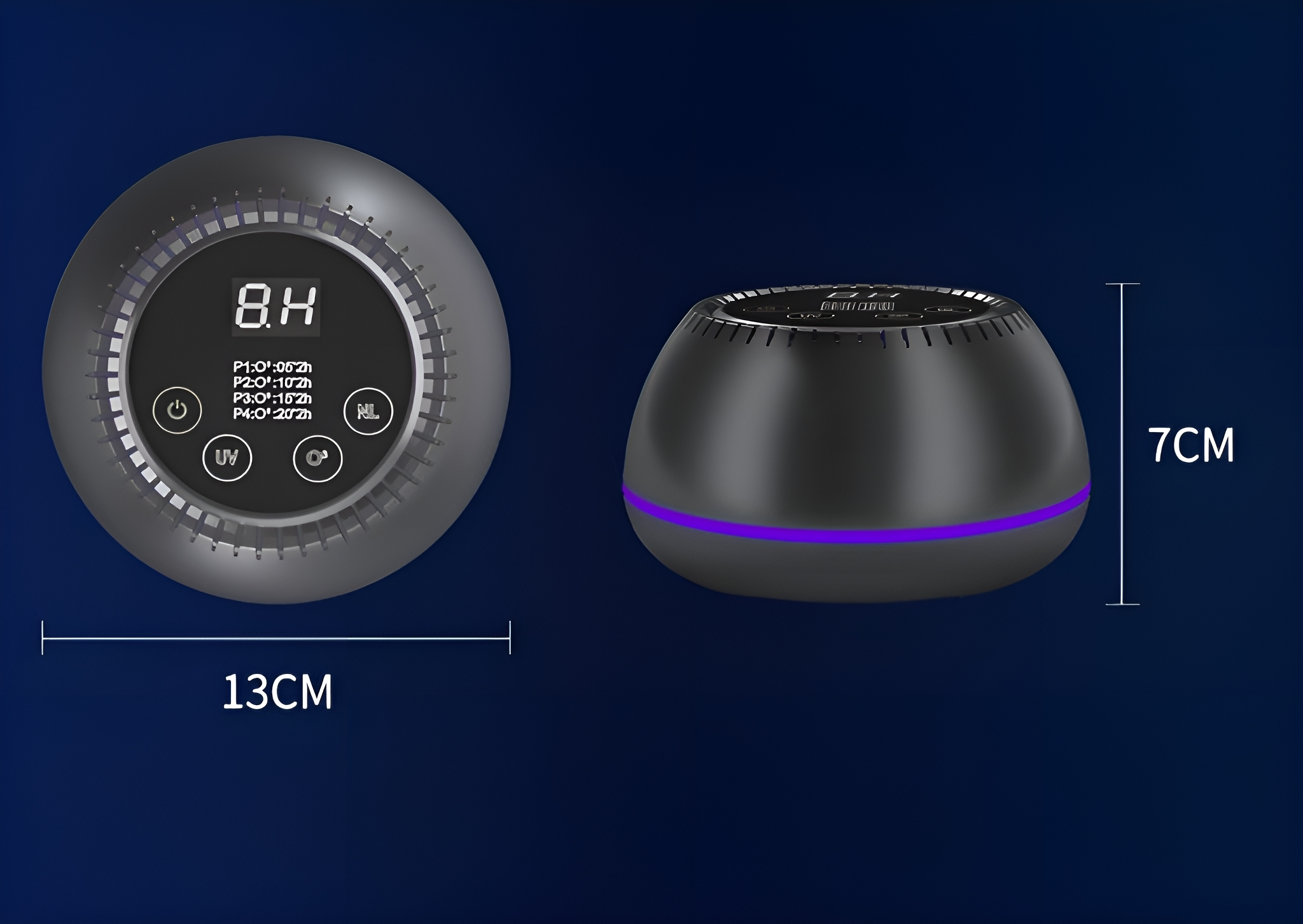 Schwarzer Luftreiniger mit digitaler Anzeige, die Zahlen zeigt. Verfügt über ein violettes Licht um die Basis.