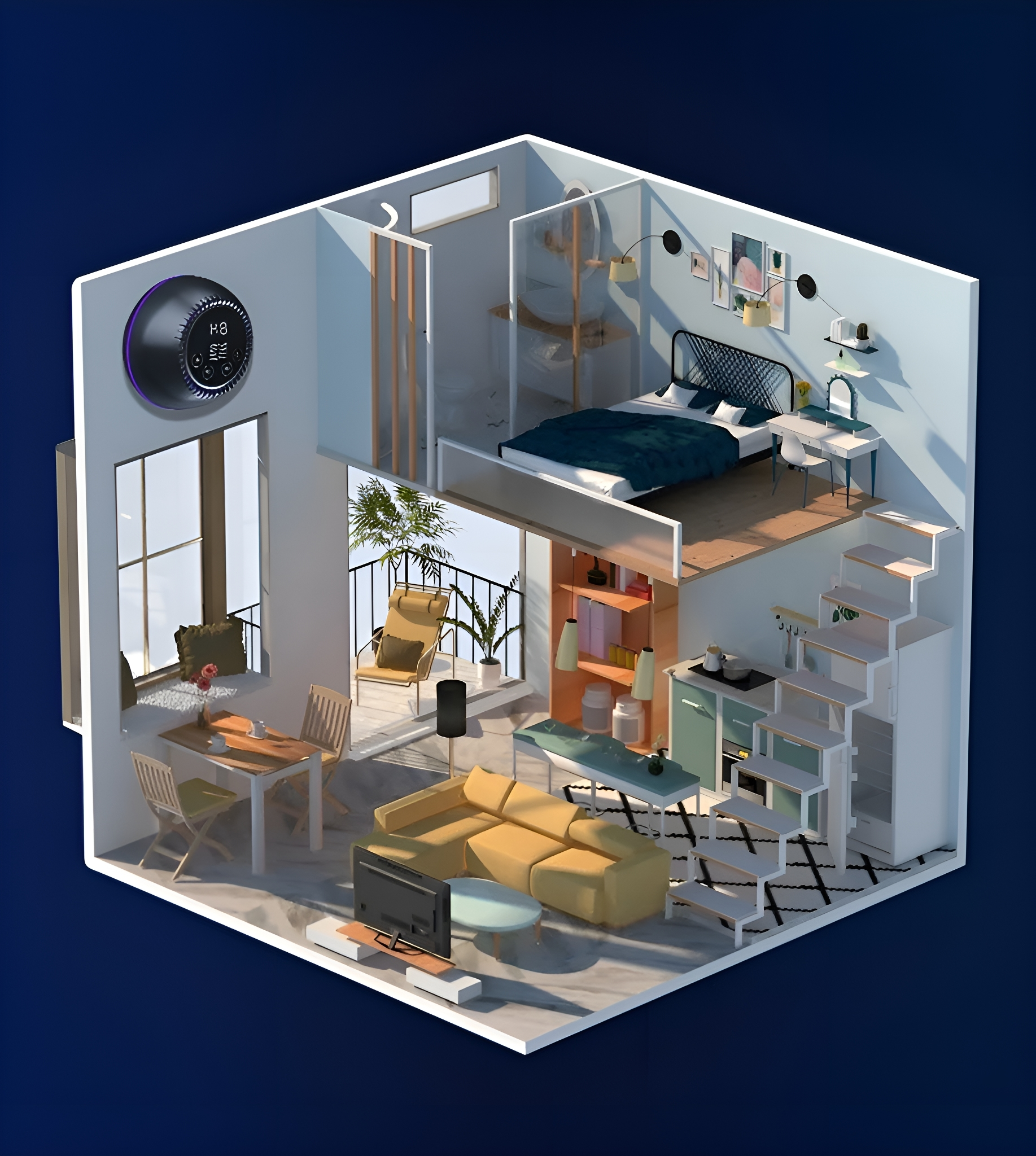 Ein 3D-Modell eines modernen Apartments. Es umfasst ein Wohnzimmer, ein Schlafzimmer, eine Küche und einen Arbeitsbereich. Blaues und gelbes Farbschema.