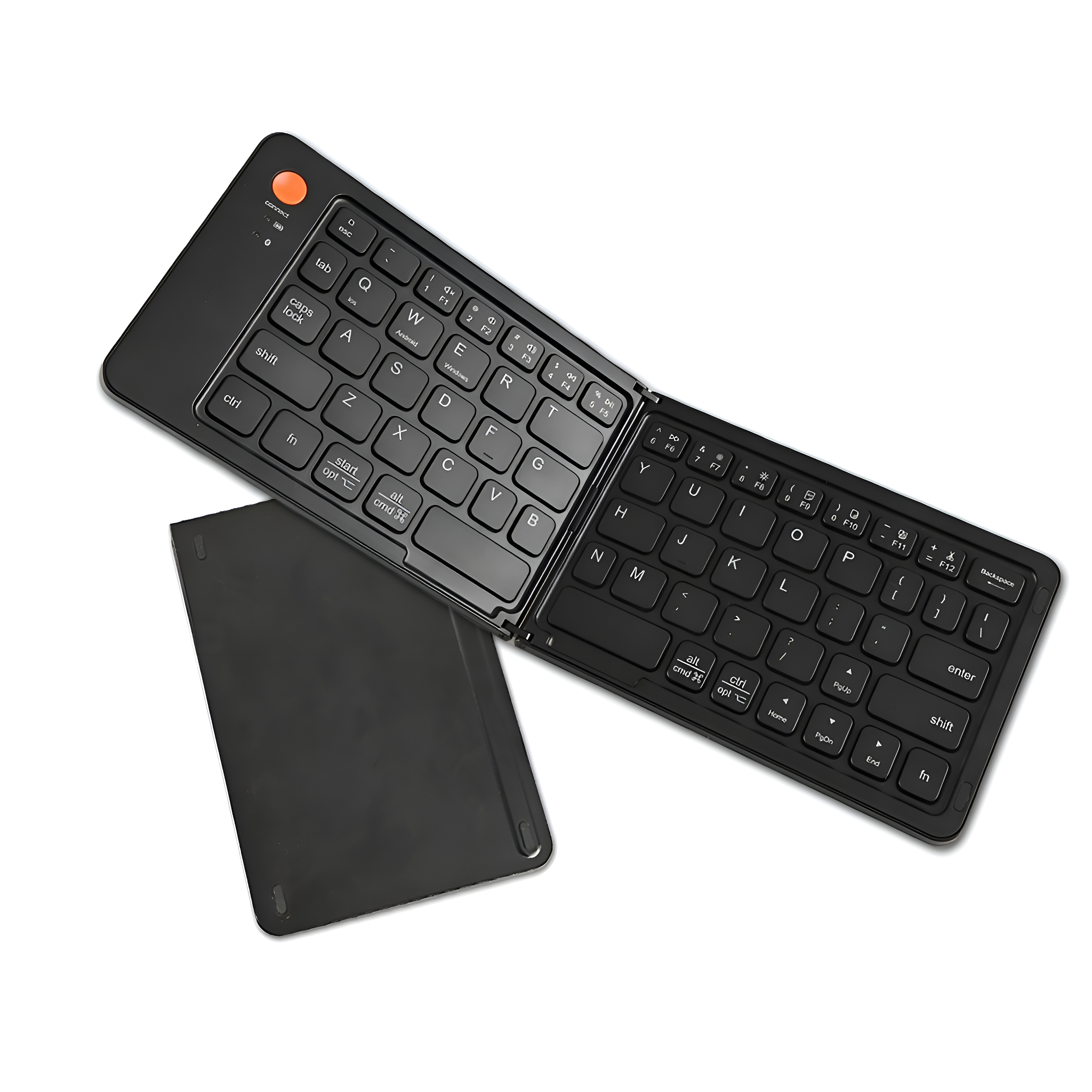 Schwarze, faltbare Tastatur mit orangefarbener Taste. Zusätzliches schwarzes Pad daneben.