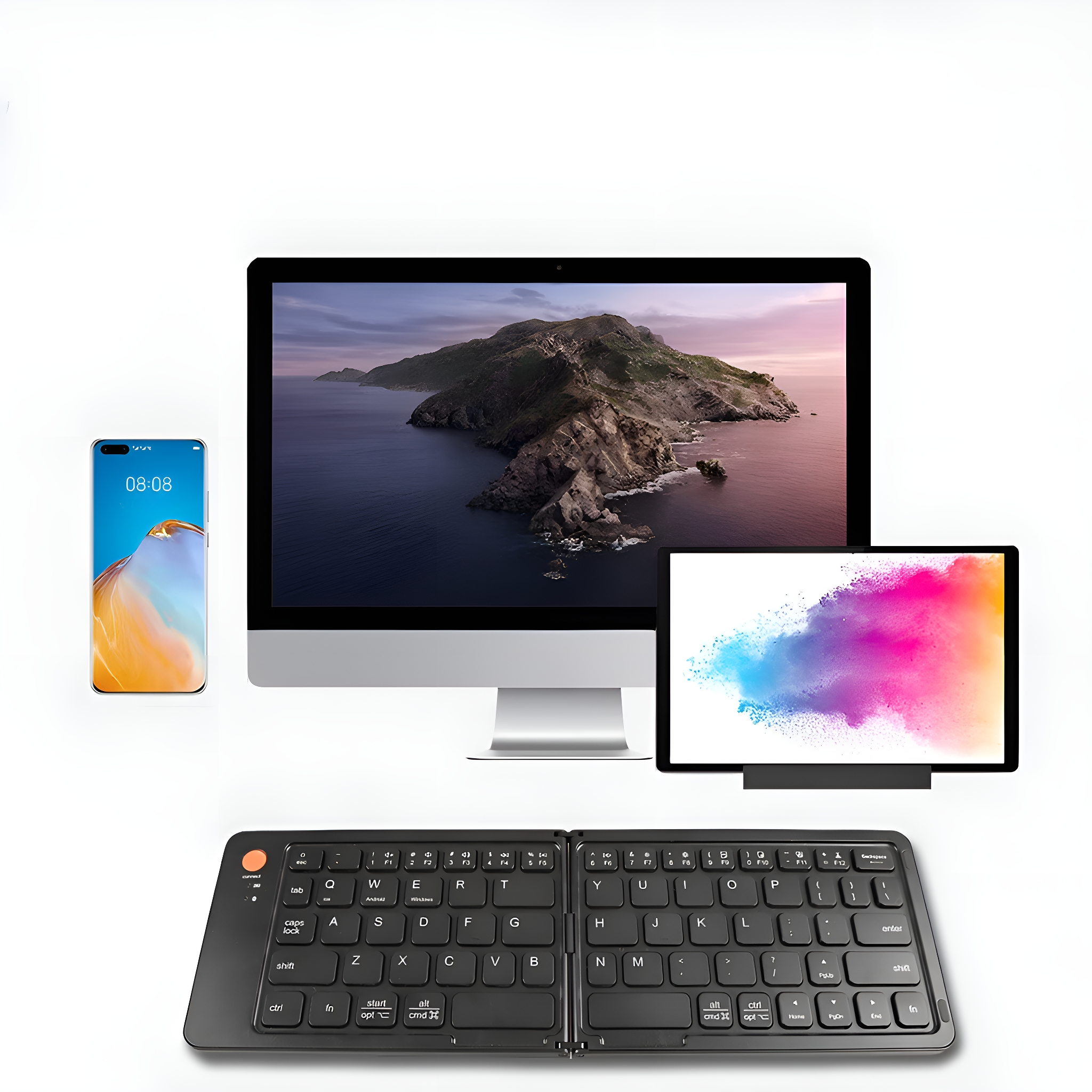 Smartphone, Computer, Tablet und eine schwarze faltbare Tastatur auf weißer Oberfläche.