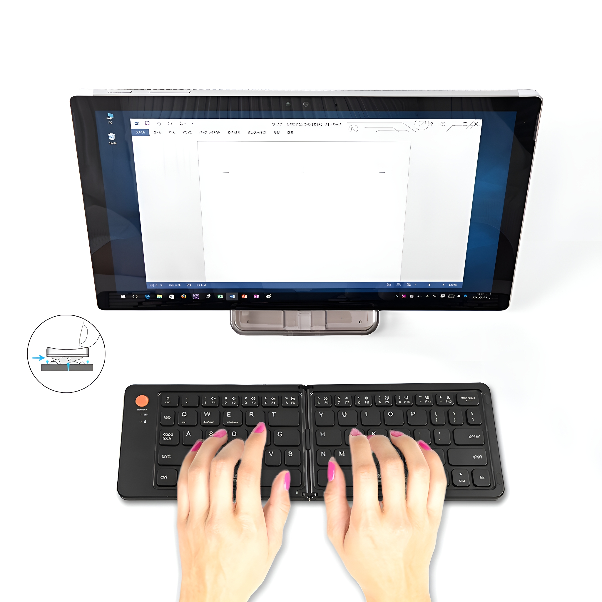 Laptop mit Tastatur und Händen, die tippen. Der Bildschirm zeigt ein Dokument mit japanischem Text und eine Tastatur.