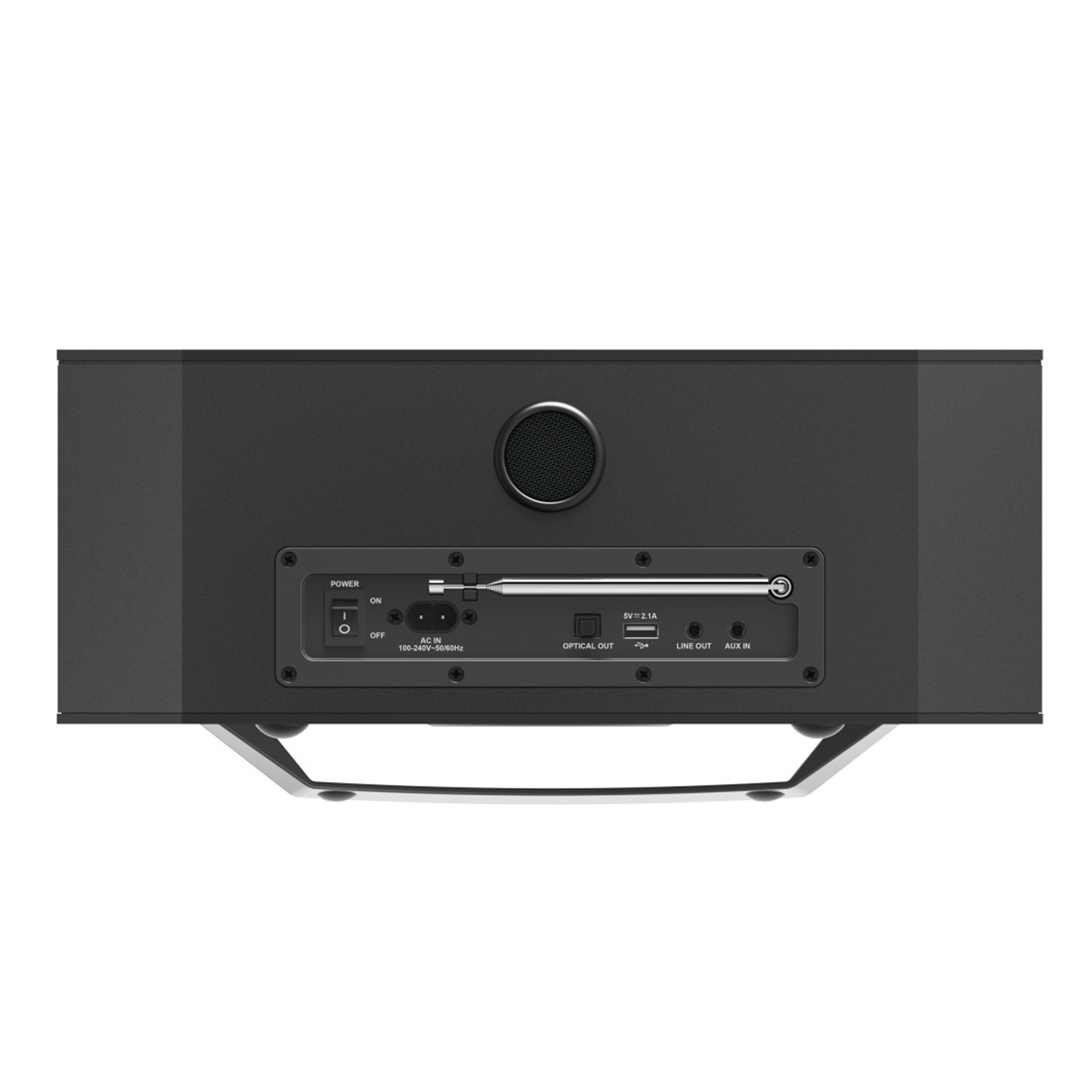 Czarny panel tylny głośnika stereo z zasilaniem, portami wejścia/wyjścia i anteną radiową.