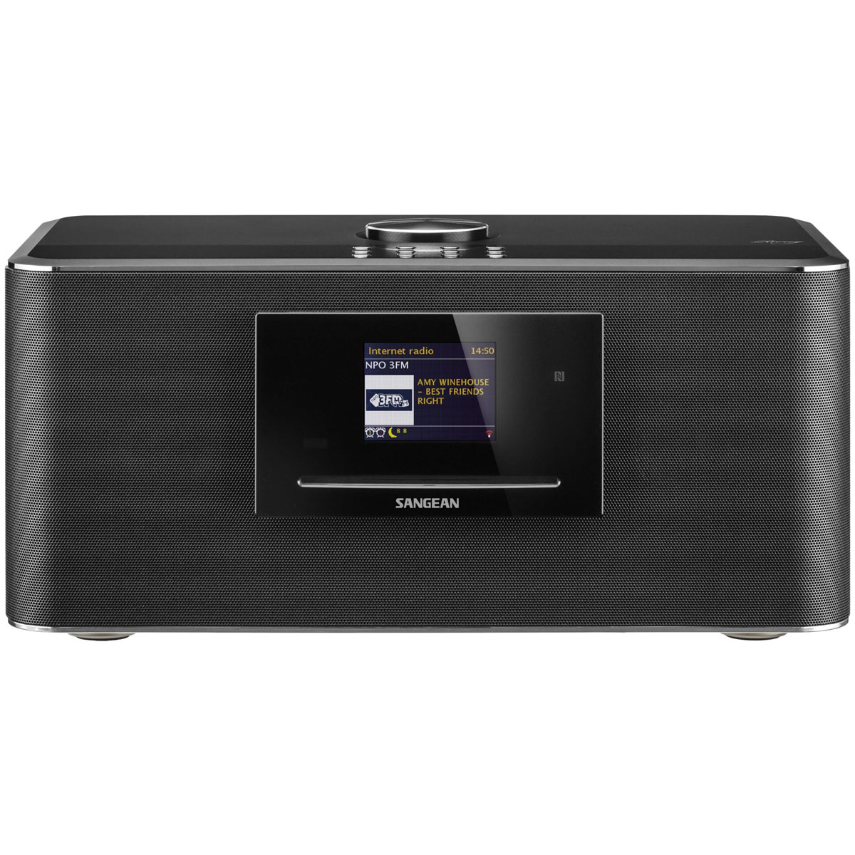 Czarny radioodtwarzacz Sangean. Posiada ekran i przyciski. Odtwarza radio internetowe i wyświetla informacje.
