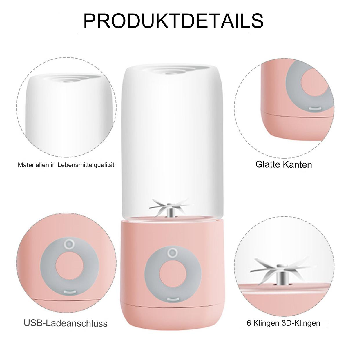 Ein rosa-weißer Mixer mit einem transparenten Behälter und einem USB-Ladeanschluss.
