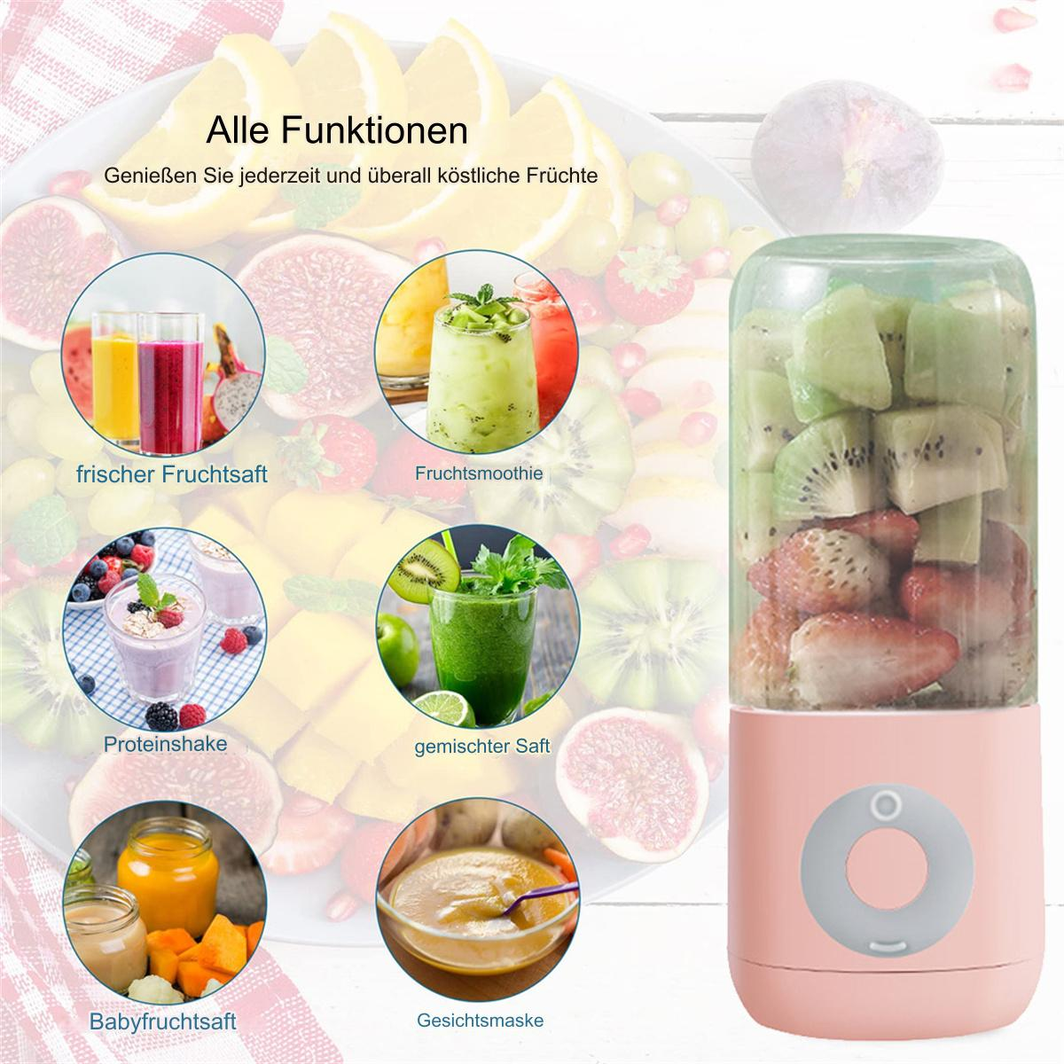 Rosa Smoothie-Maker mit verschiedenen Früchten und Beispielen für gemischte Getränke: Saft, Smoothie, Proteinshake und Babynahrung.