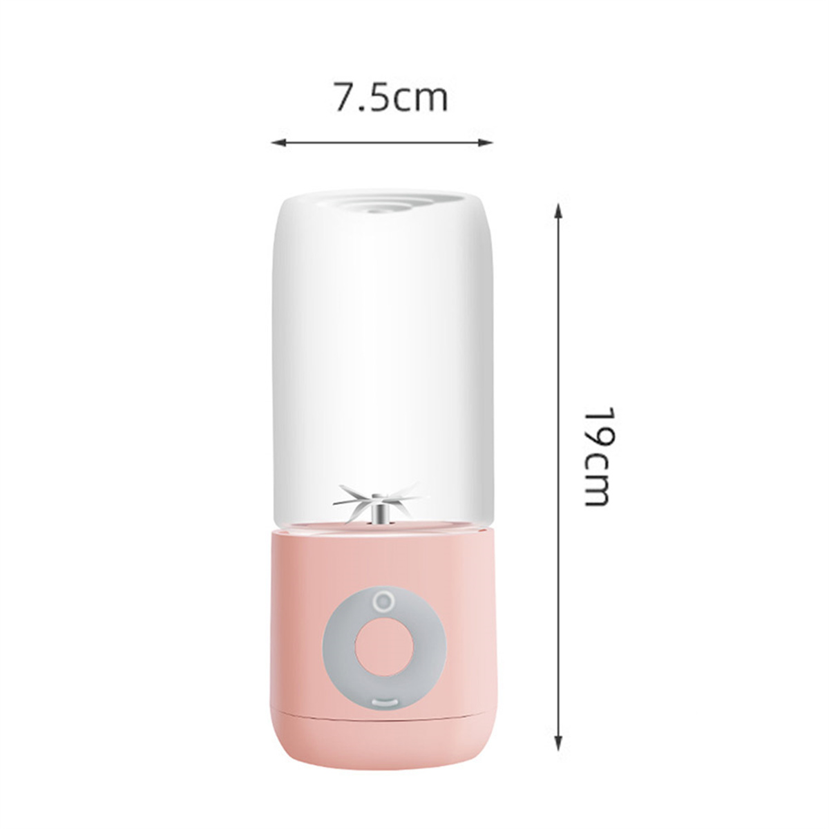 Rosa Mini-Mixer, mit Abmessungen. Ein klarer Behälter sitzt oben.