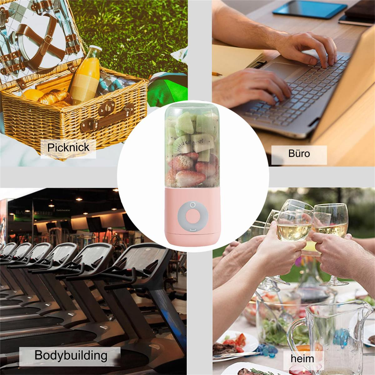 Collage von Aktivitäten: Picknick, Büroarbeit, Bodybuilding und Trinken.