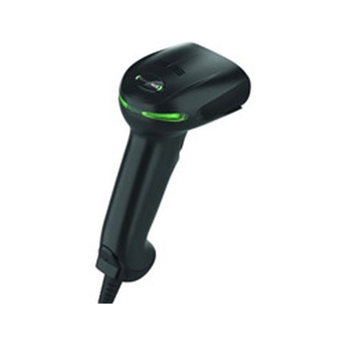 Ein schwarzer Barcode-Scanner mit grünen Lichtern, schräg auf weißem Hintergrund.