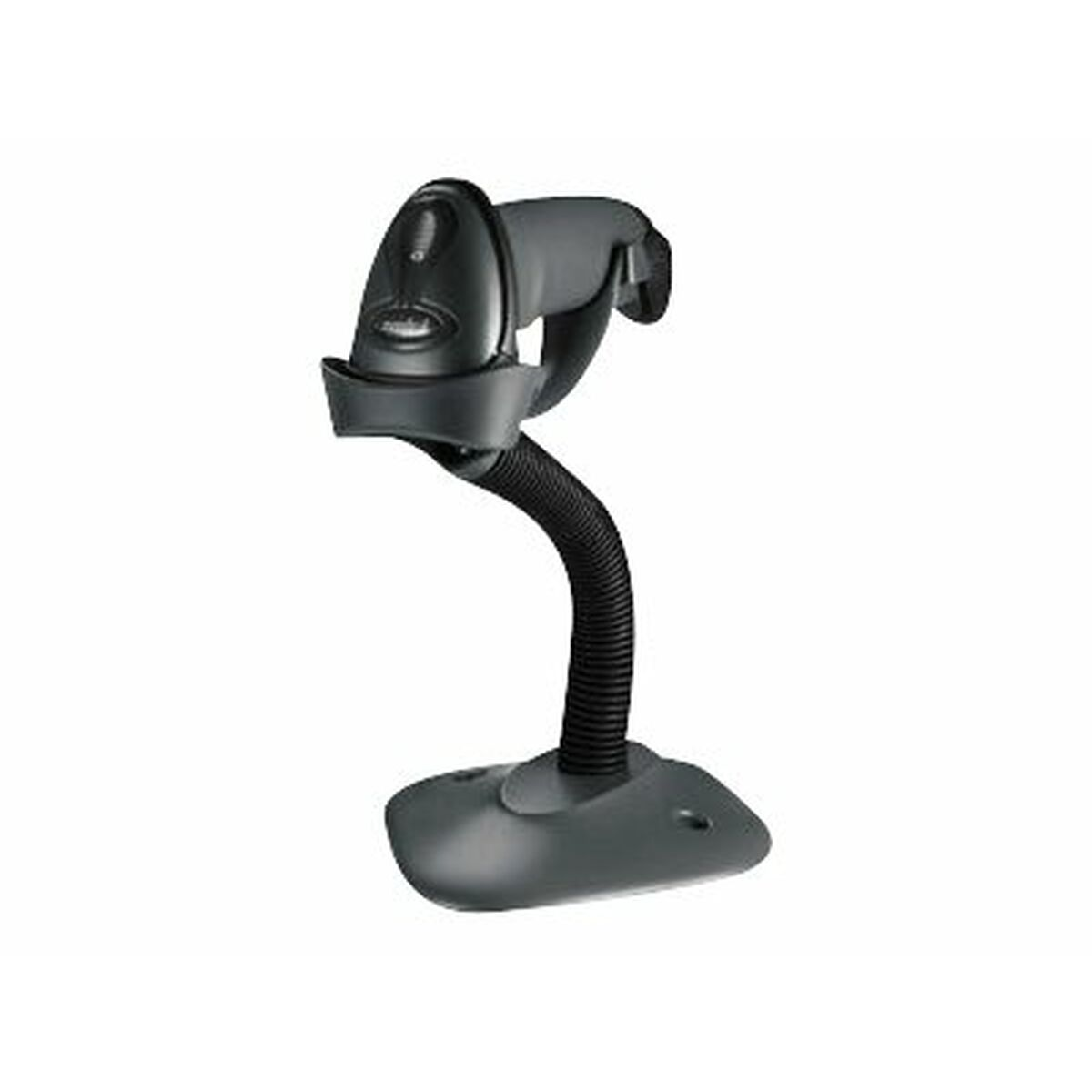 Ein schwarzer Barcode-Scanner auf einem Ständer vor weißem Hintergrund.