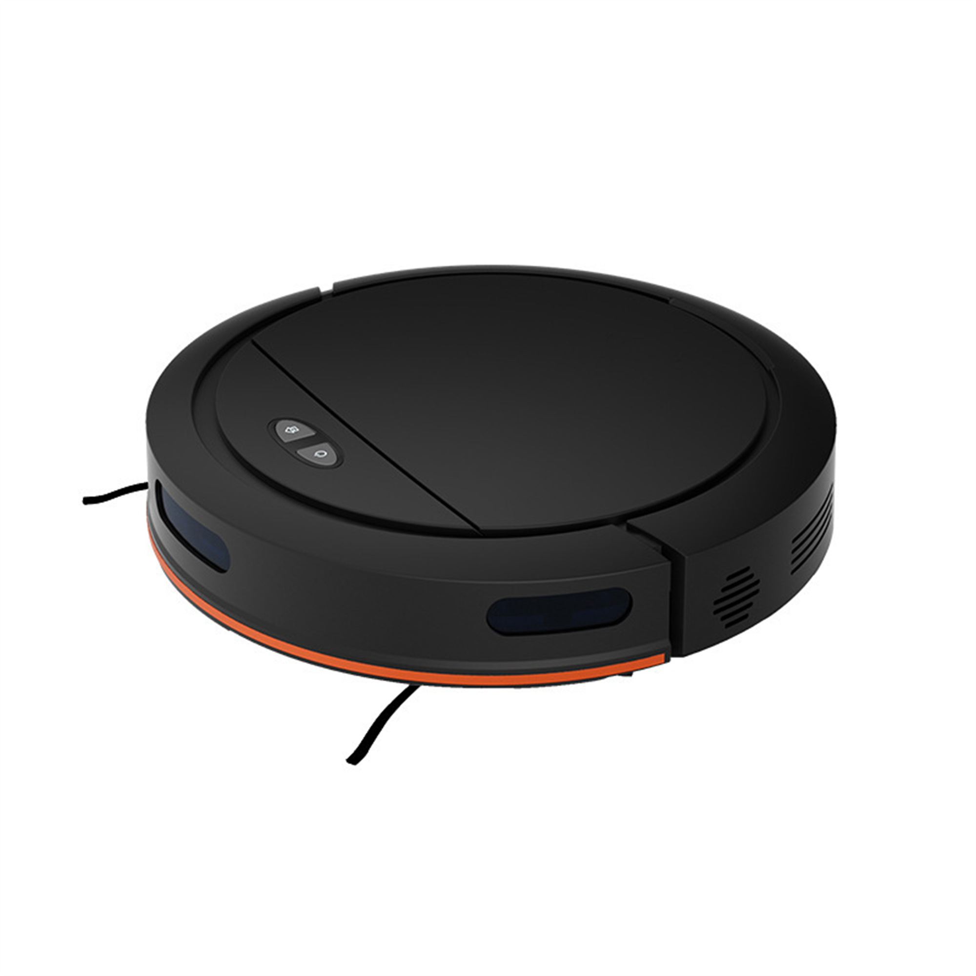 Schwarzer runder Roboter-Staubsauger mit orangefarbenem Rand und zwei Bürsten.