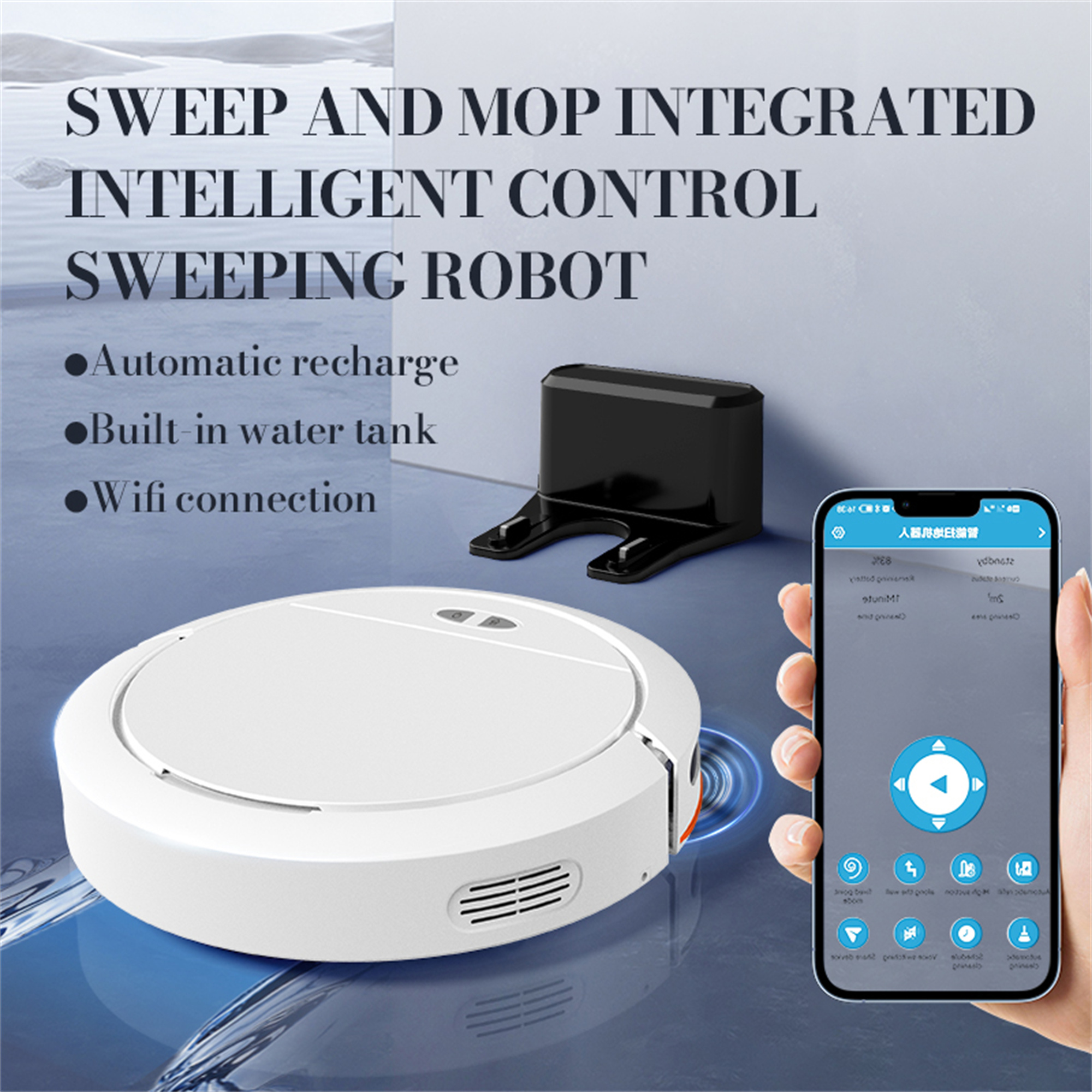 Weißer Roboter-Staubsauger mit Steuerung, Telefon mit App-Oberfläche und Ladestation.