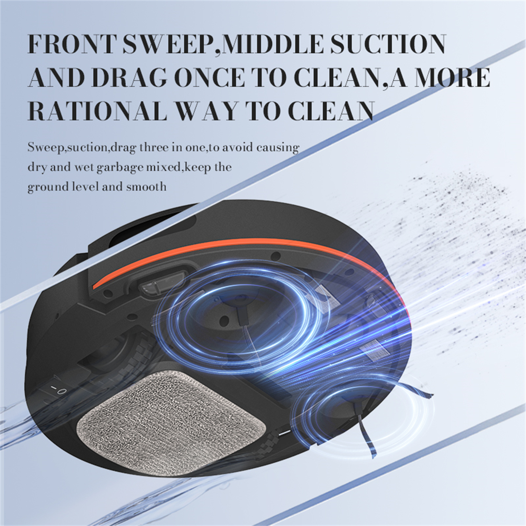 Roboter-Staubsauger mit Anweisungen; Text: 'kehren, saugen, ziehen' zur Reinigung.
