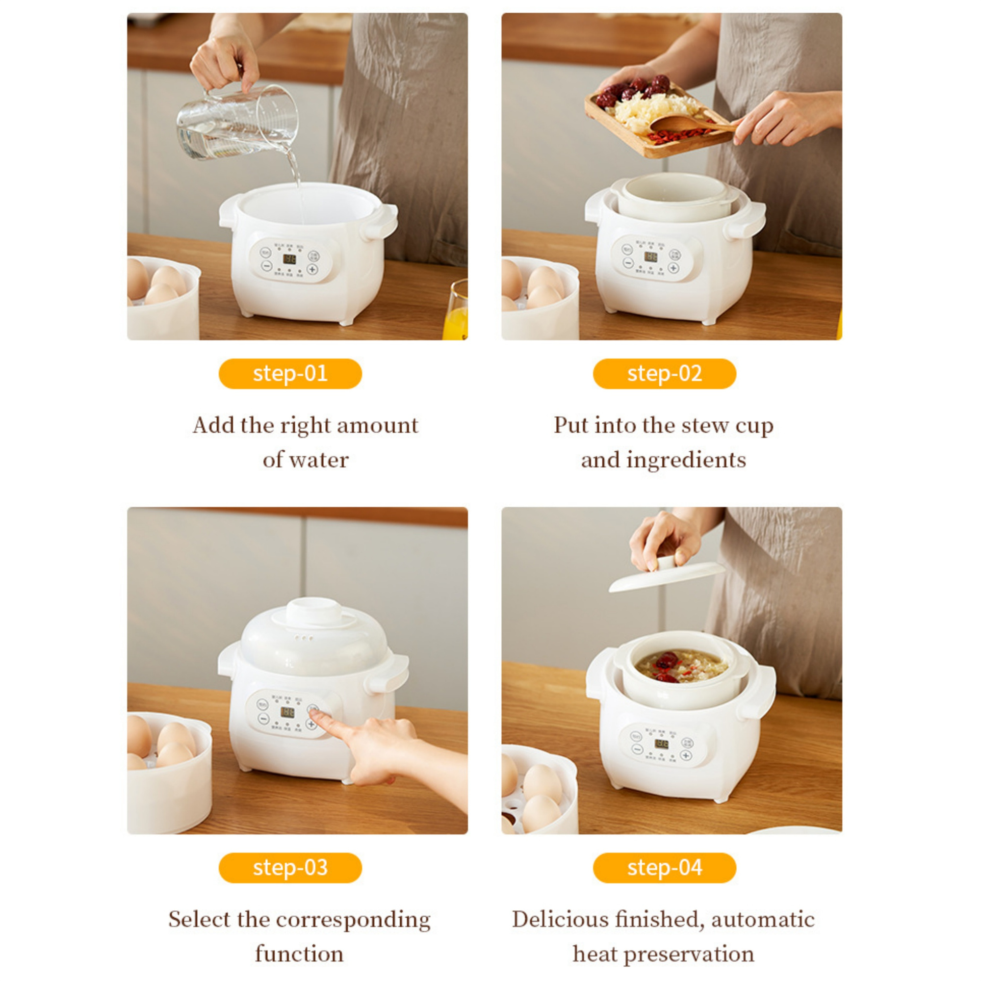Vier Bilder, die die Verwendung eines Slow Cookers zeigen. Schritt 1: Wasser hinzufügen; Schritt 2: Zutaten hinzufügen; Schritt 3: Funktion auswählen; Schritt 4: fertig.