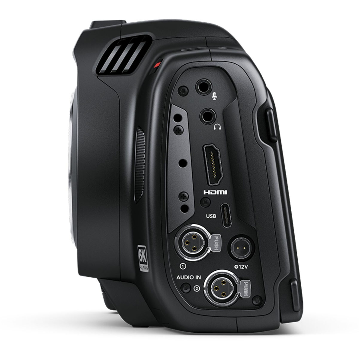 Eine schwarze Kamera mit HDMI-, USB- und Audioeingängen. Text: 6K, Audio-In, HDMI, USB, 12V.