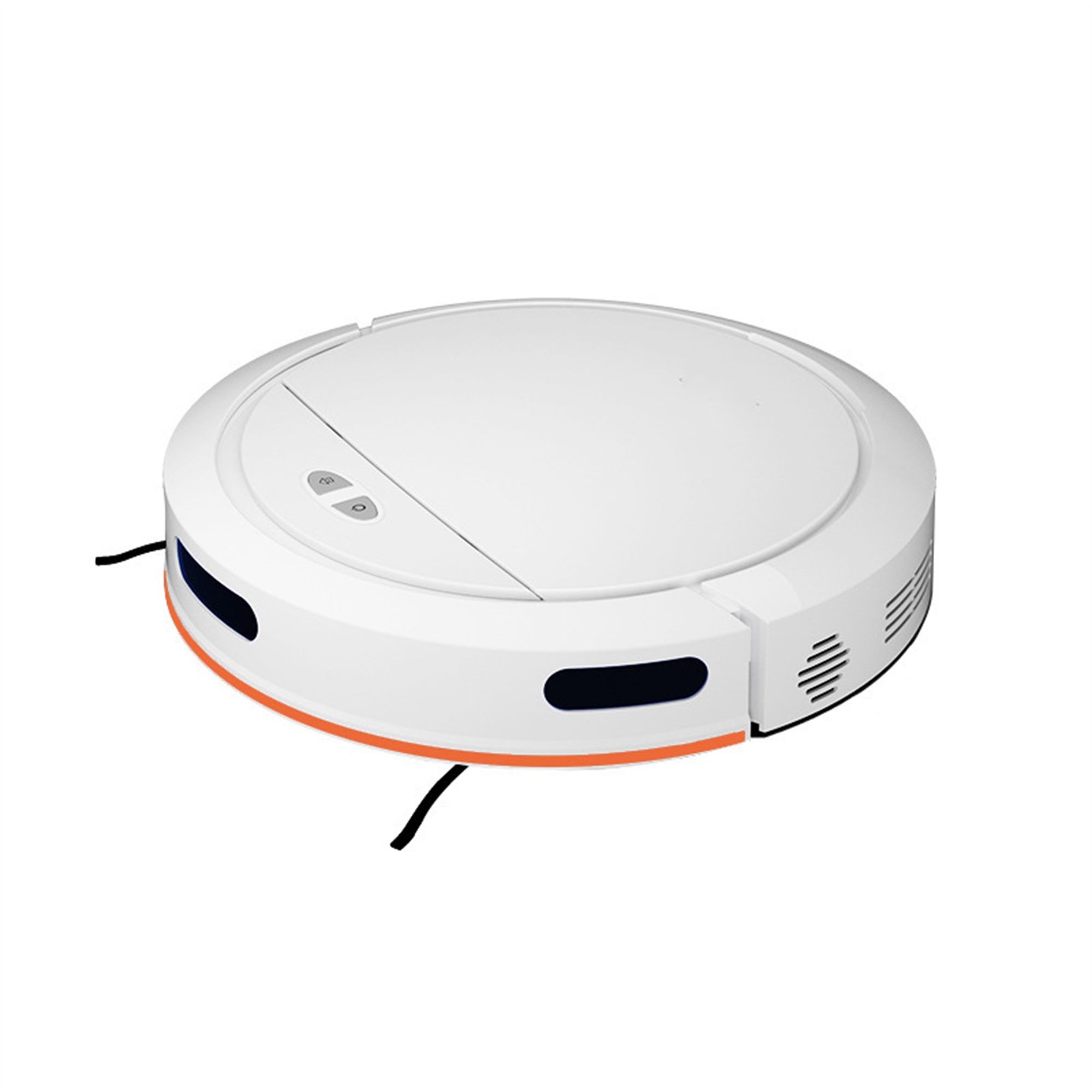 Weißer Roboterstaubsauger, kreisförmig, mit orangefarbenem Rand.