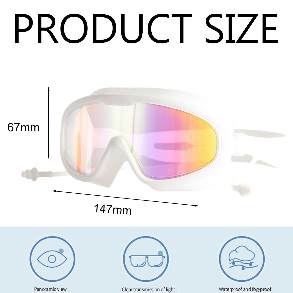 Weiße Schwimmbrille mit Maßen und Symbolen für Funktionen.