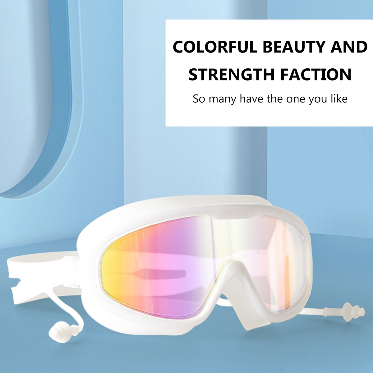 Weiße Schwimmbrille mit regenbogenfarbener Linse. Text: 'Bunte Schönheit und Stärke-Fraktion'.