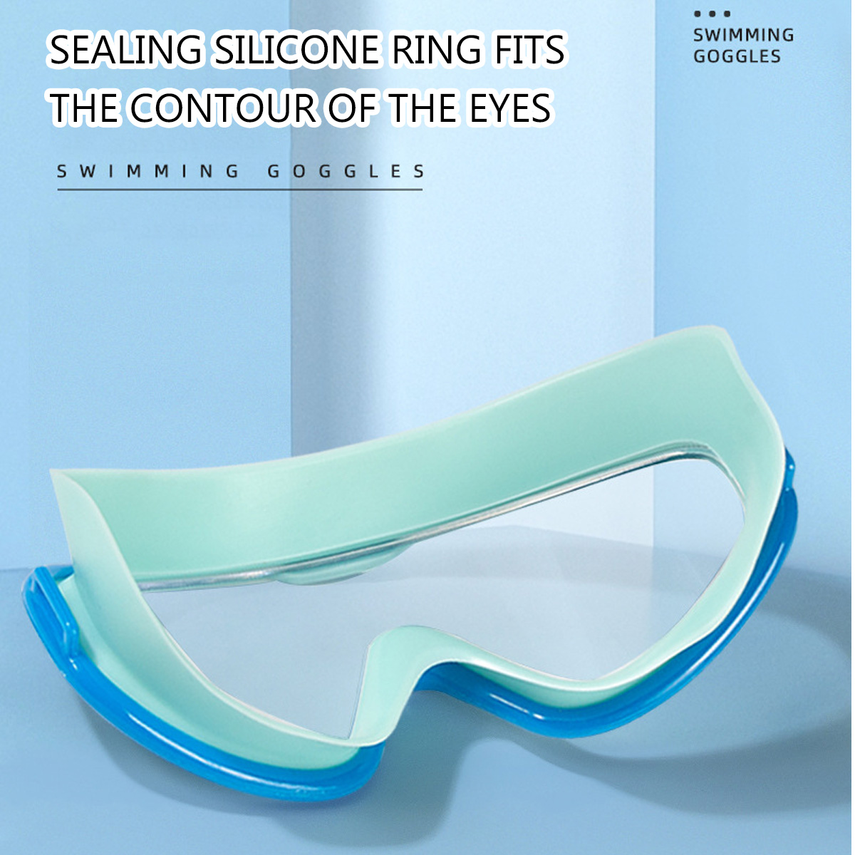 Schwimmbrille, blau und türkis, mit Textüberlagerung.