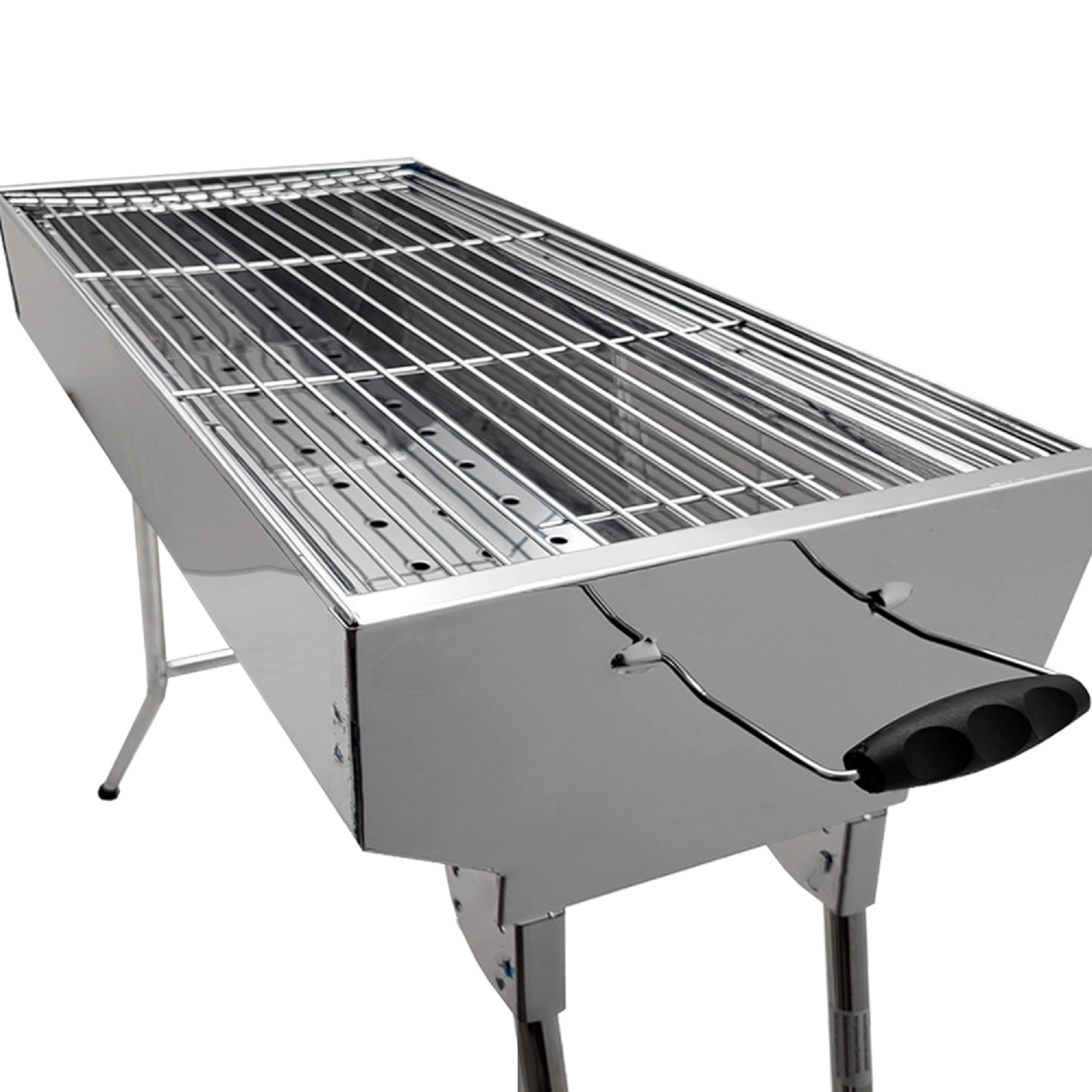 Ein Edelstahl-Grill mit Griff und Beinen ist abgebildet, platziert auf einer weißen Oberfläche.
