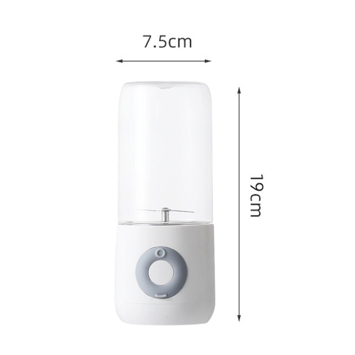 Ein weißer und klarer tragbarer Mixer mit Maßangaben: 7,5 cm Breite und 19 cm Höhe. Er hat einen grauen Bedienknopf.