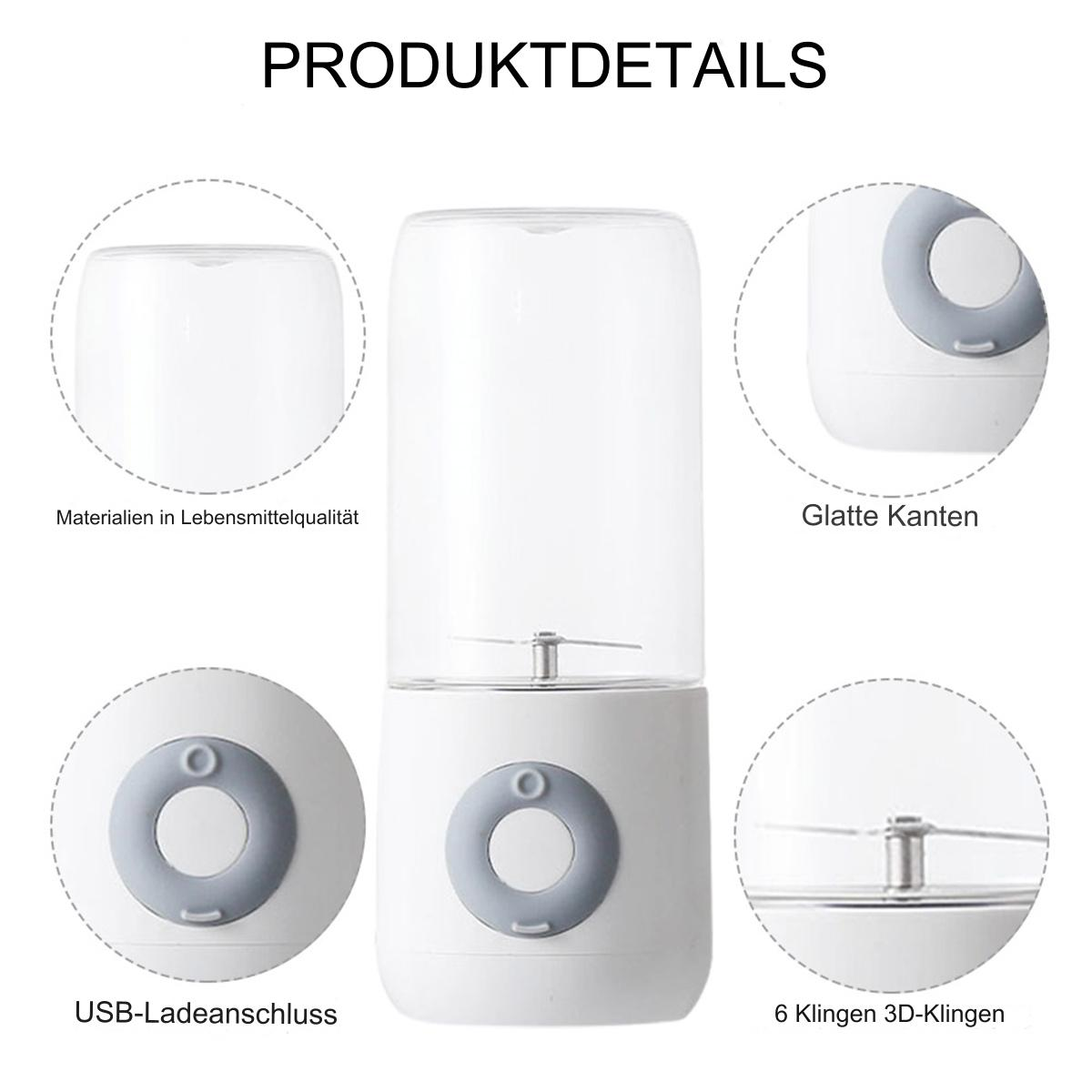 Produktdetails: Ein Mixer mit einem transparenten Behälter, weißem Sockel und grauen Akzenten. Text kennzeichnet Merkmale.