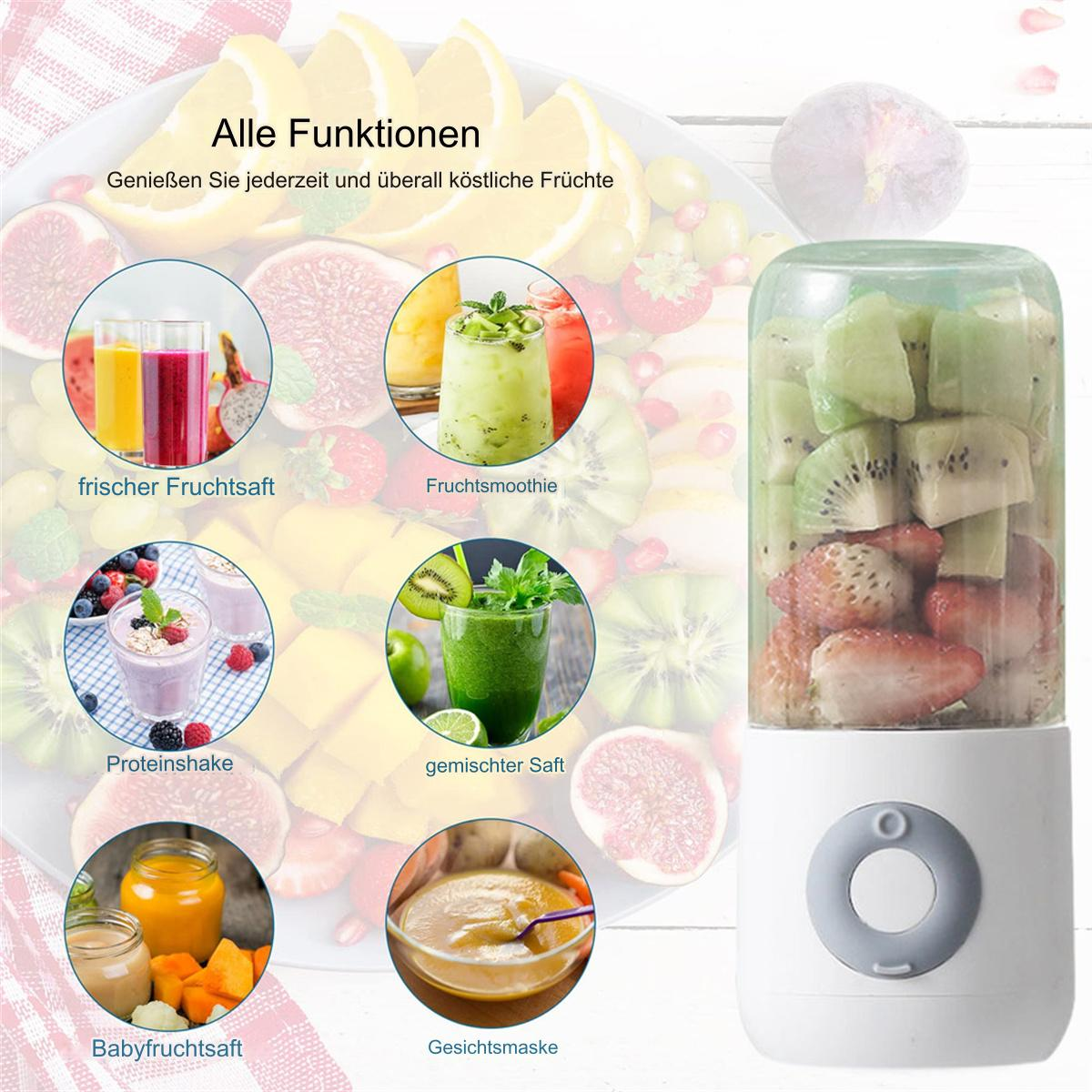 Das Bild zeigt einen Mixer mit Früchten und Getränken wie Smoothies, Säften und Babynahrung. Es zeigt auch eine Gesichtsmaske.