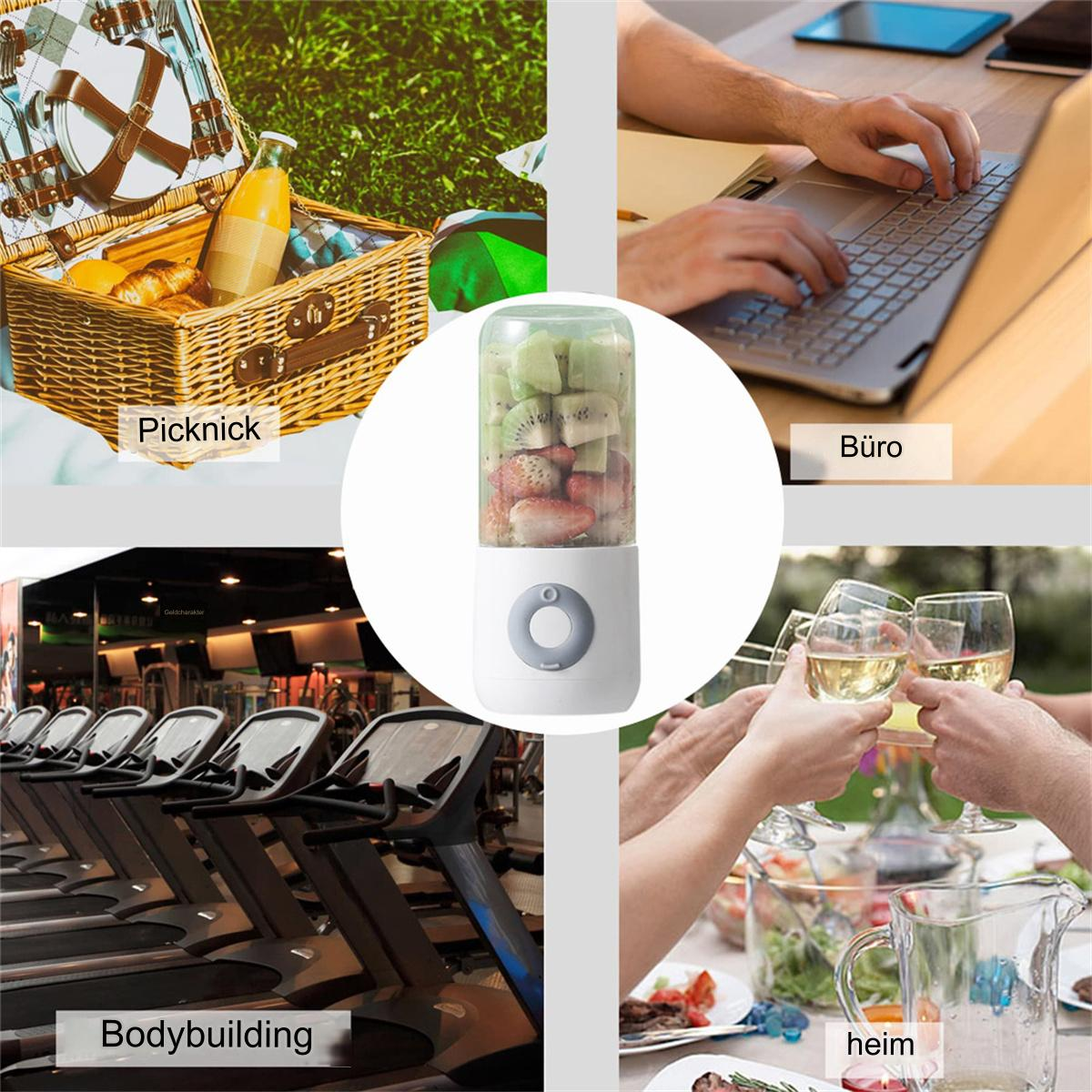 Ein Picknickkorb, eine Person, die einen Laptop benutzt, ein Smoothie-Maker, Menschen, die mit Weingläsern anstoßen, und Laufbänder in einem Fitnessstudio.