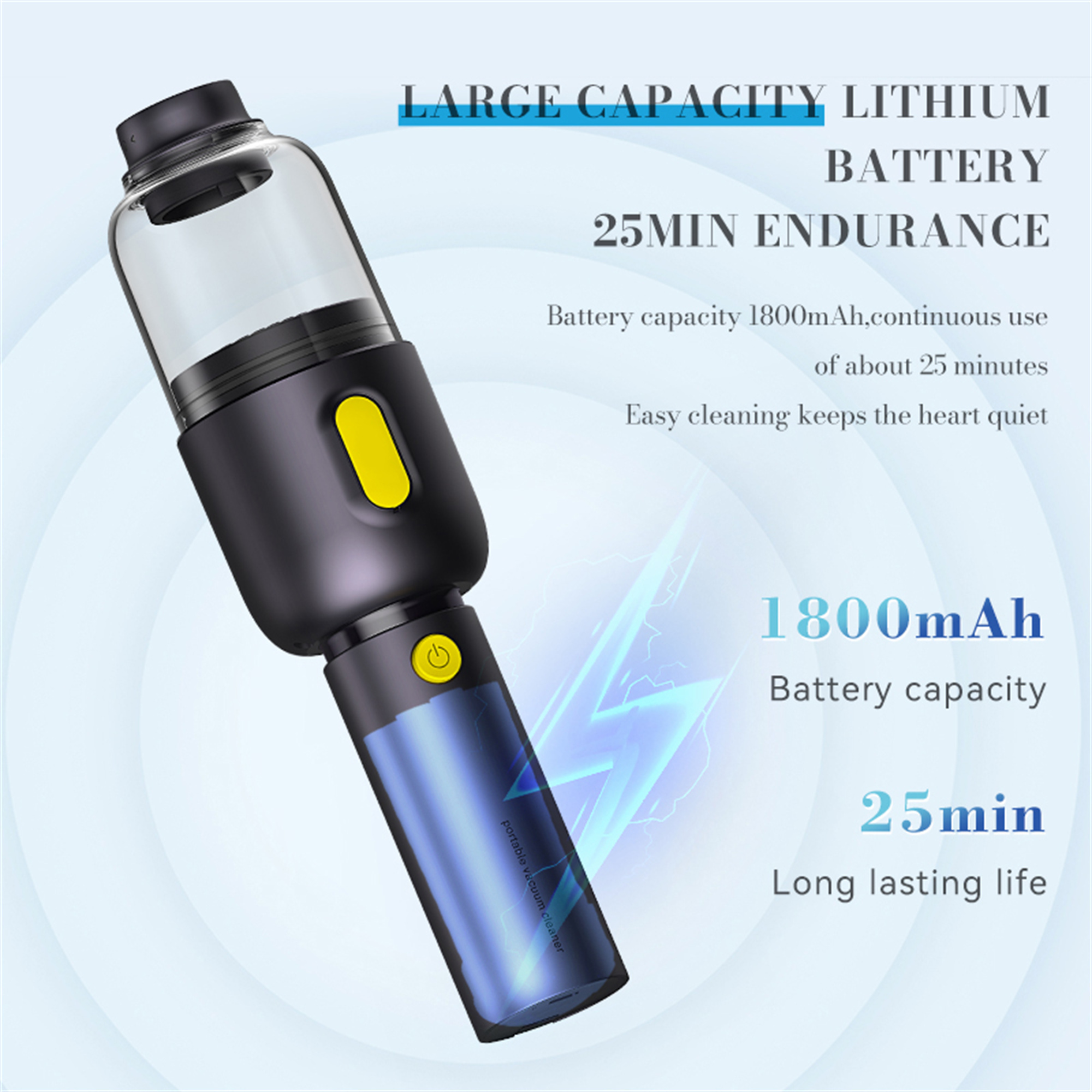 Tragbarer Staubsauger mit Text über Batteriekapazität und Ausdauer.