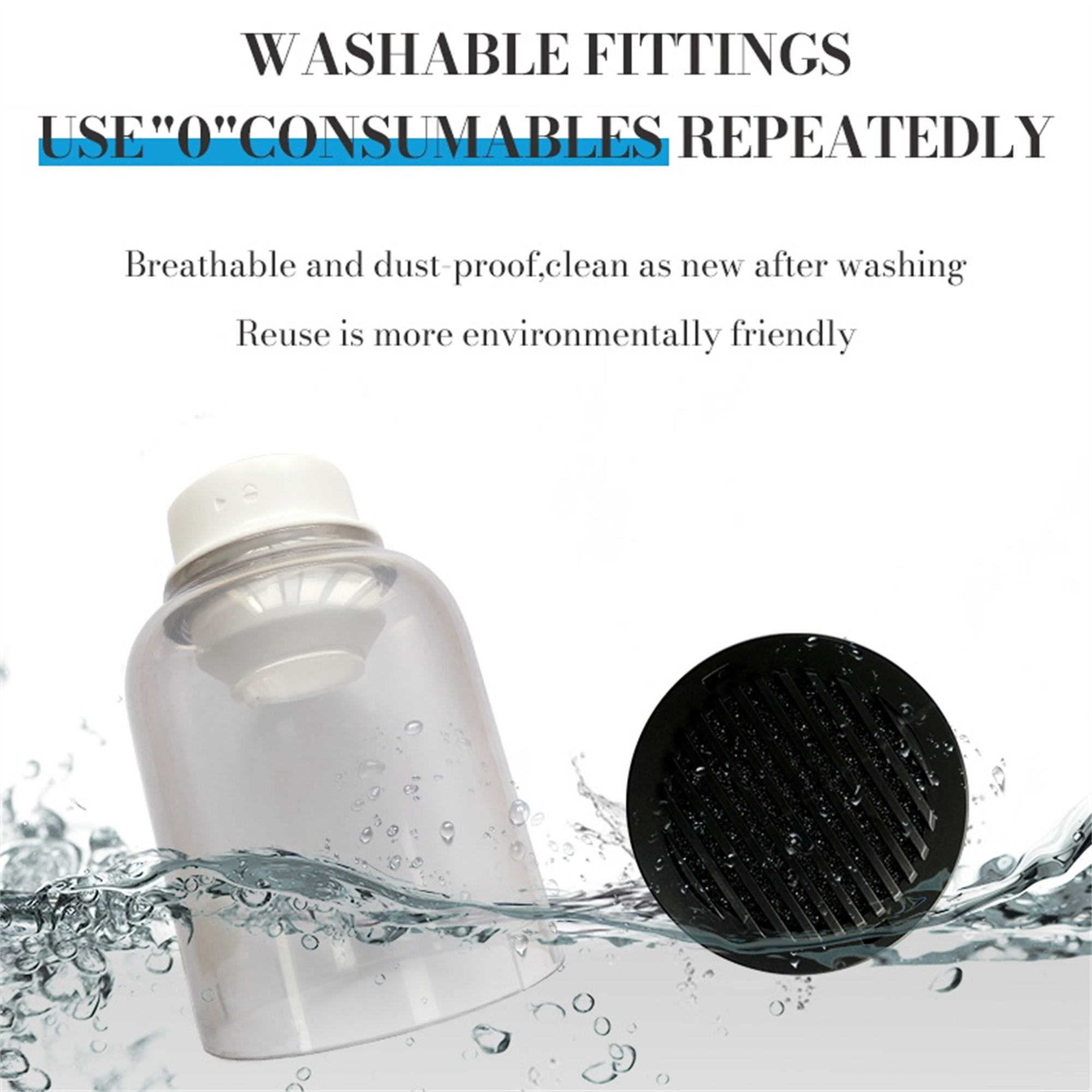 Transparente Plastikwasserflasche mit schwarzem Filter und Wassertröpfchen. Sauber und wiederverwendbar, mit blauer Welle.