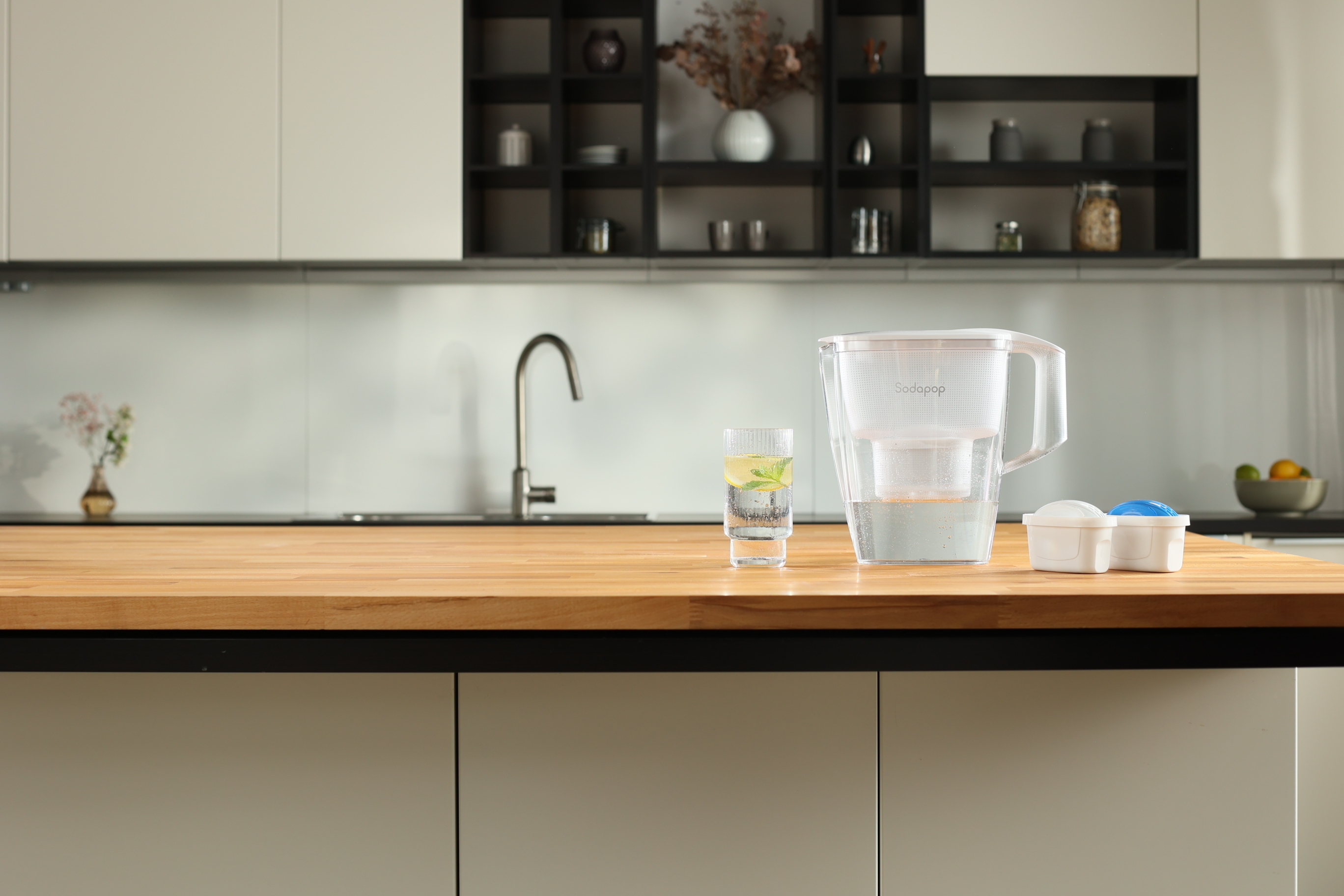 Una scena di cucina con un filtro per l'acqua, un bicchiere d'acqua con menta e un piano di lavoro.