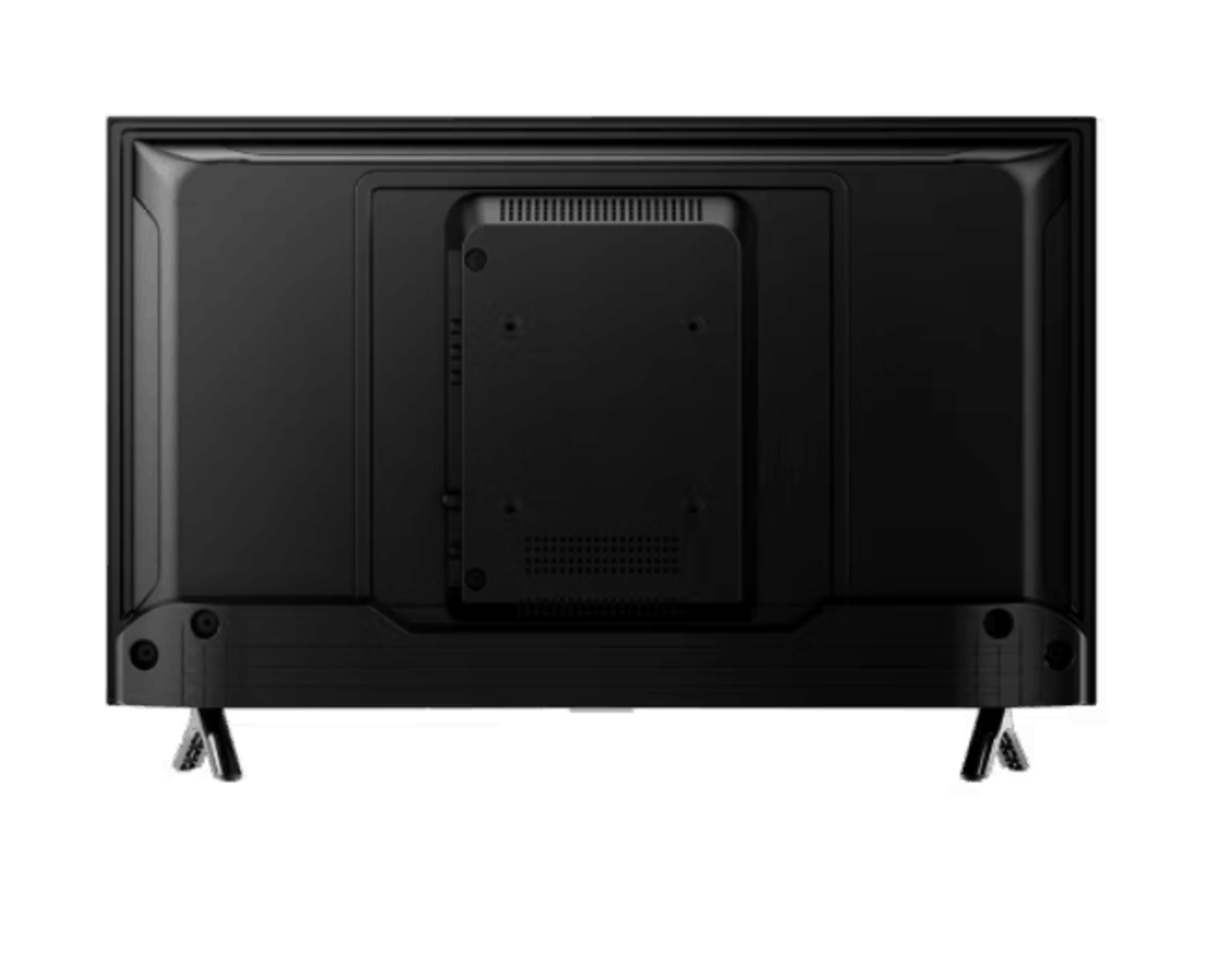 Tył czarnego telewizora na czarnym tle.