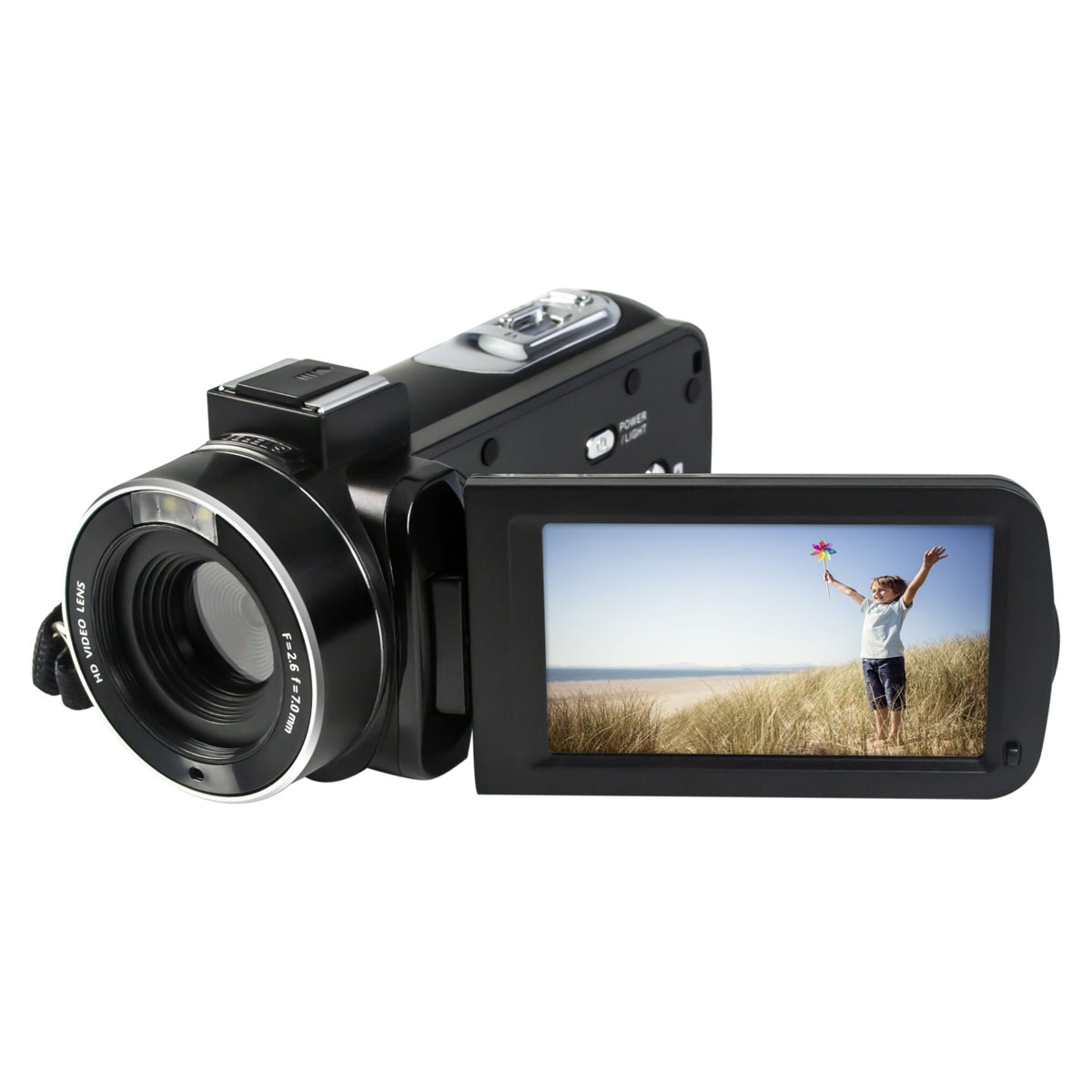 Czarna kamera wideo z ekranem pokazującym dziecko trzymające wiatraczek na plaży.